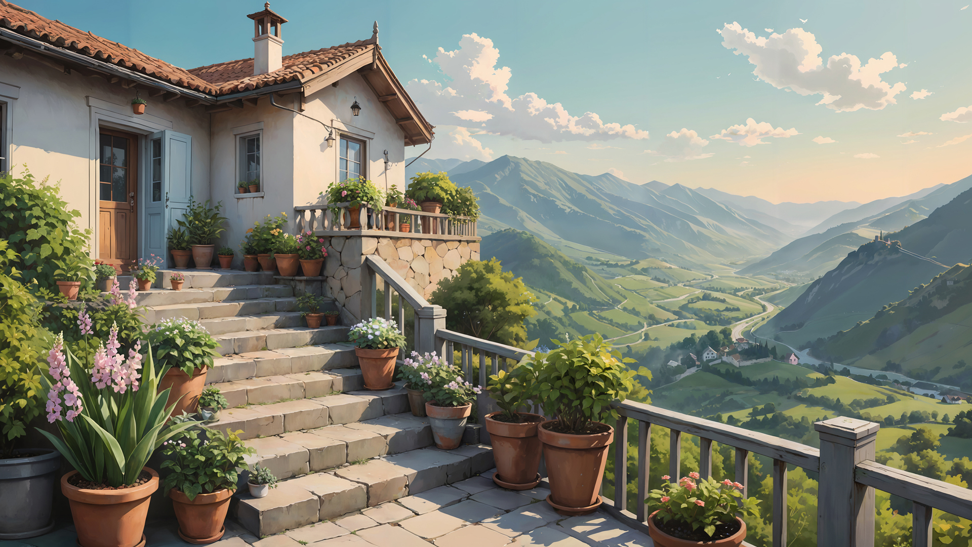 ['治愈系风景 高清电脑壁纸 山上小屋 盆栽装饰 自然景观']