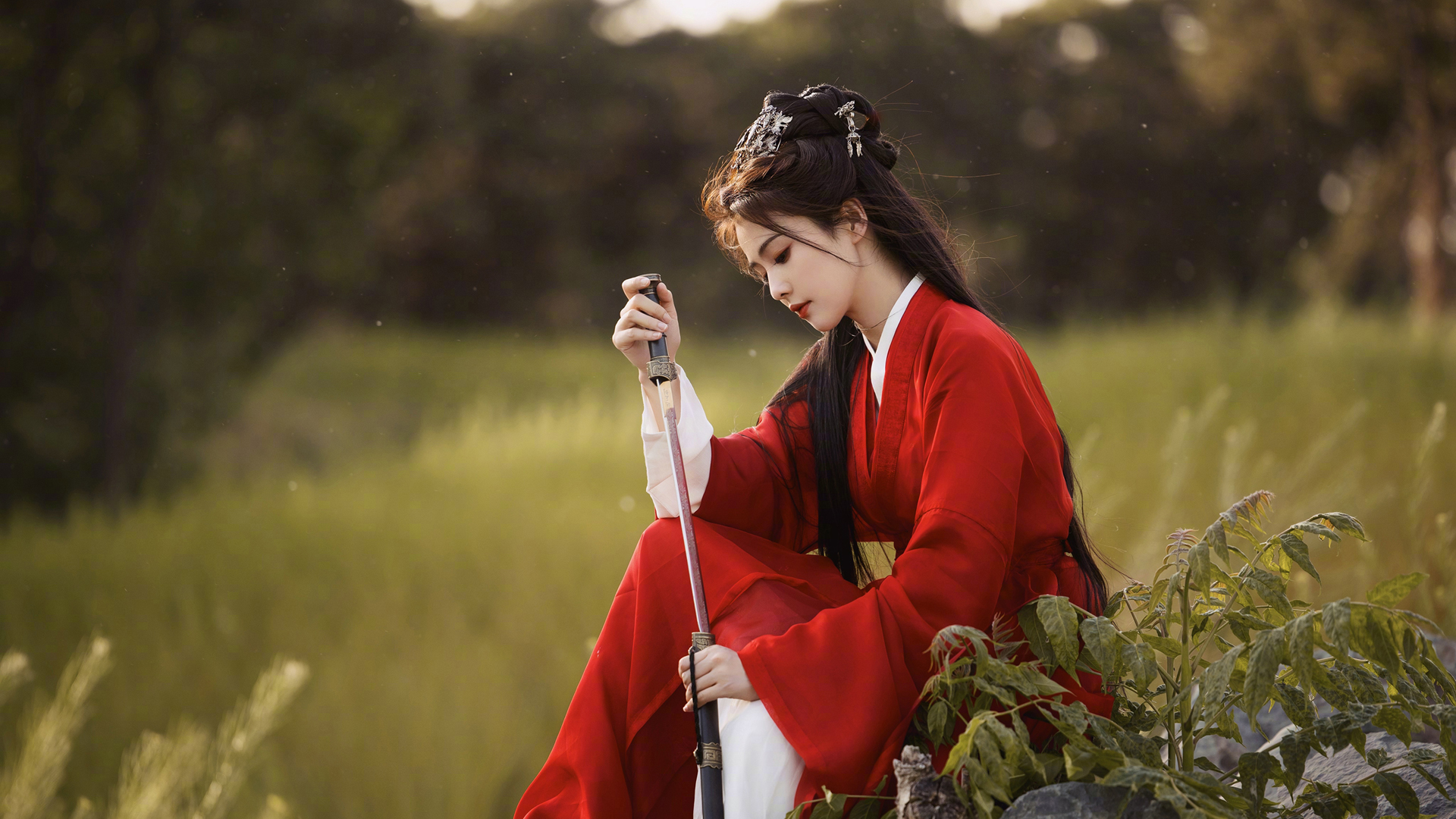 ['白鹿 侧脸 唯美 红色古装 古风美女 高清壁纸']