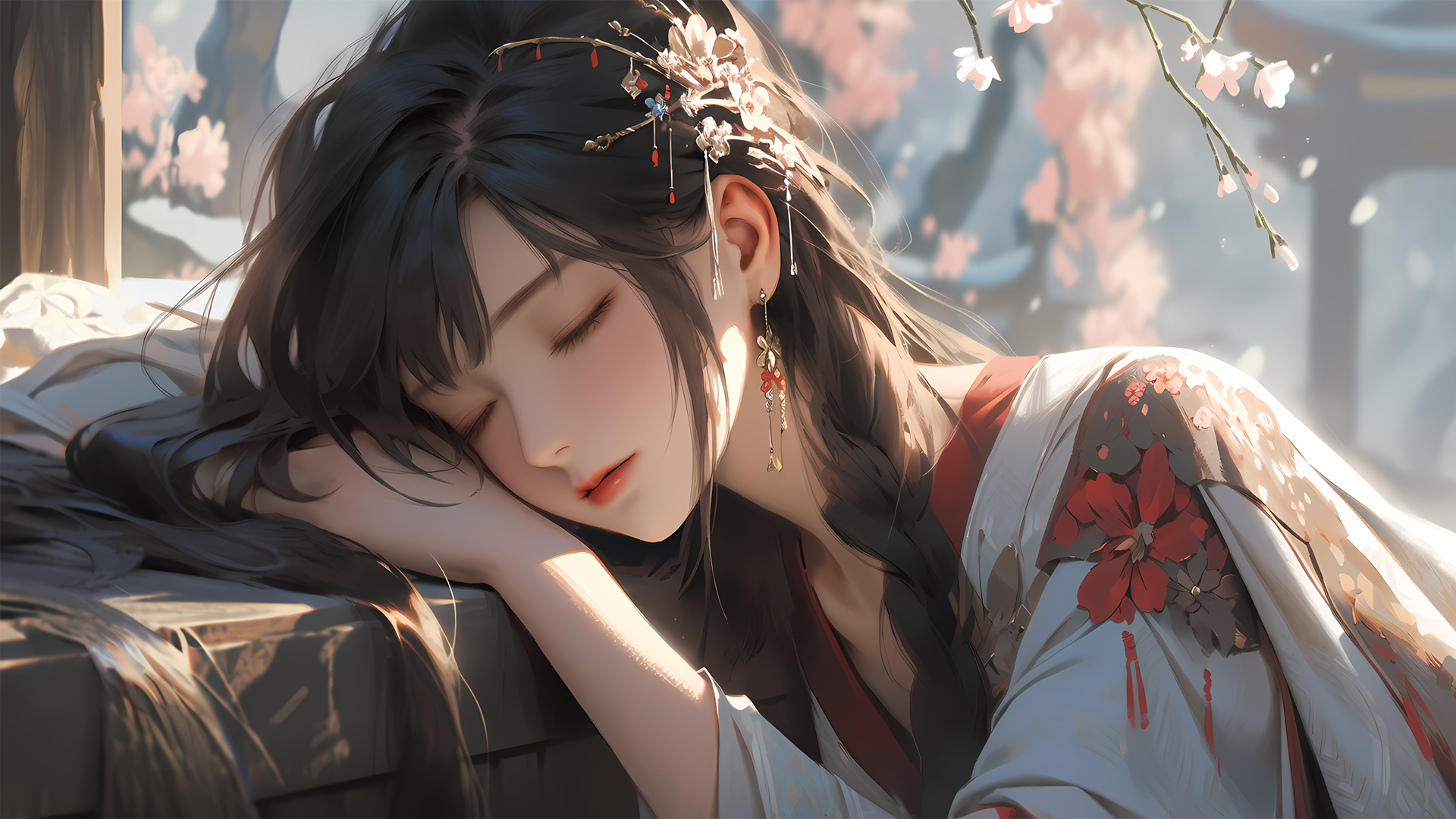 ['趴睡动漫少女 梅花元素 唯美高清电脑壁纸']