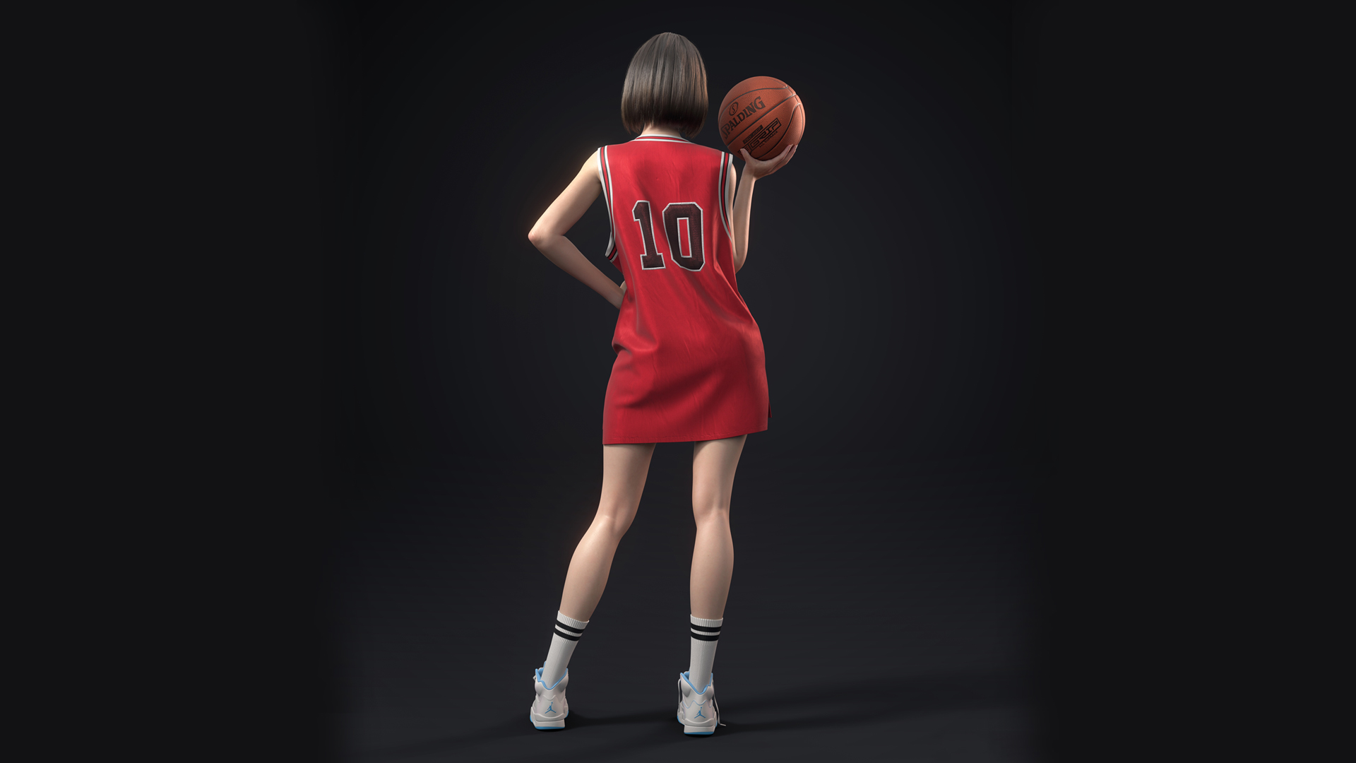 ['灌篮高手 3D美女 卢静赤木晴子 红色球服 背影 篮球壁纸']