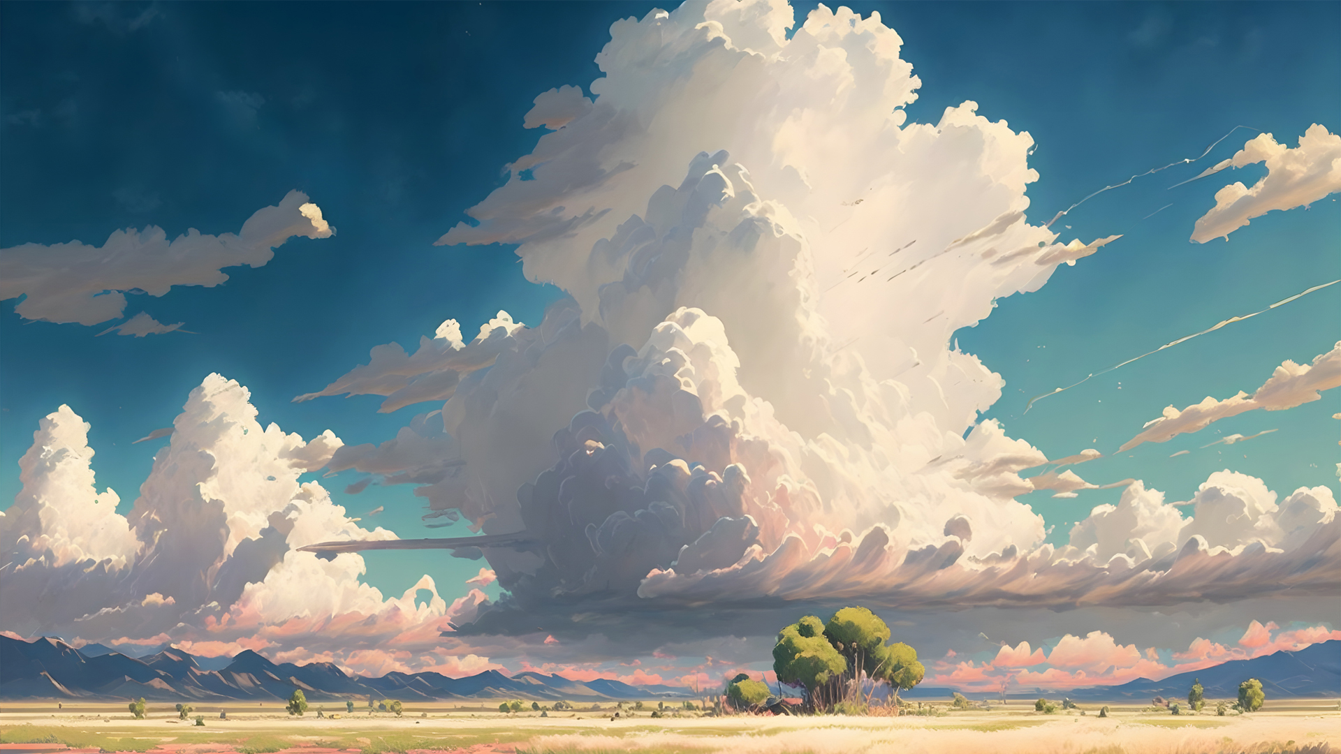 ['蓝天白云绿草地自然风景手绘插画电脑壁纸']