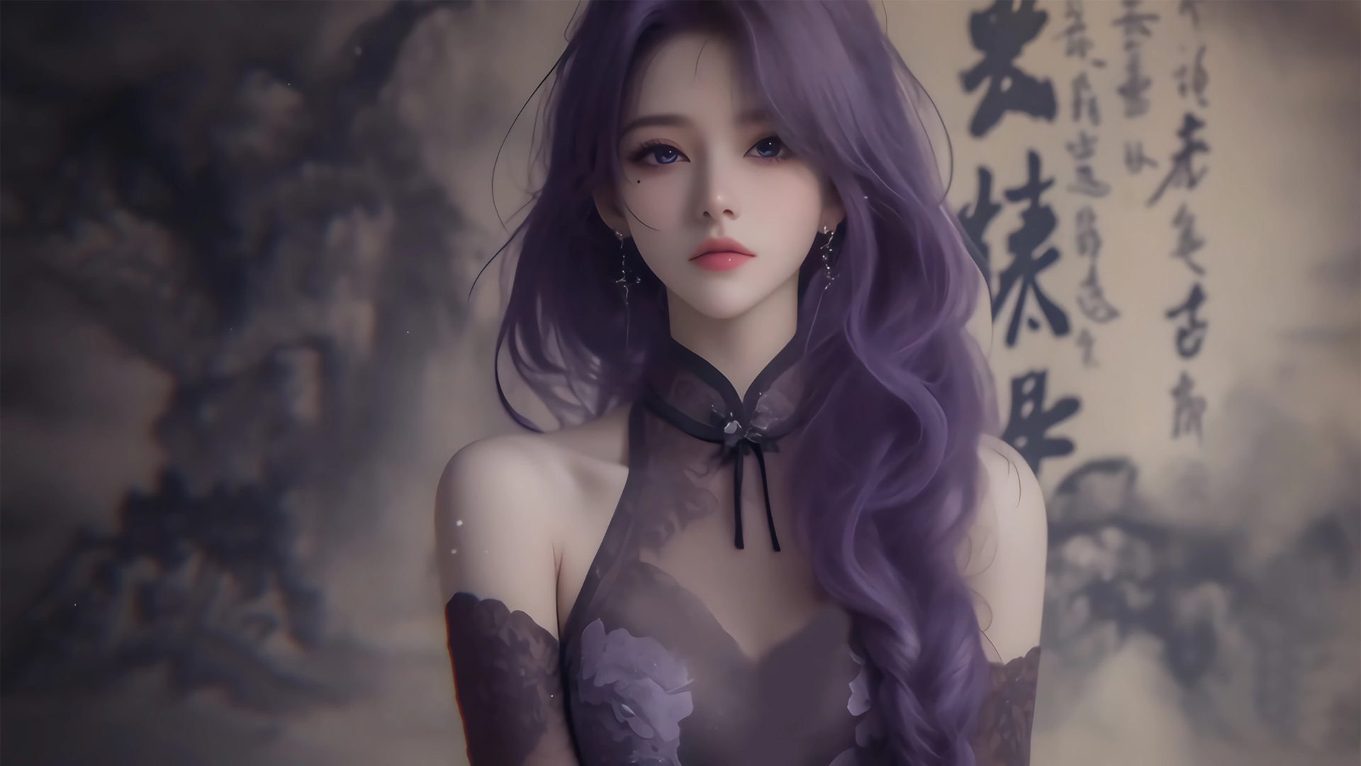 ['紫色长卷发 古风古典美女 高清电脑壁纸']