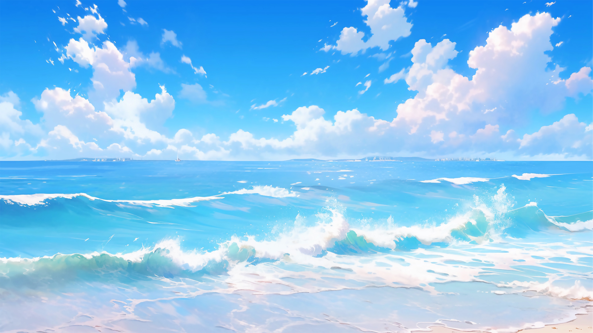 ['蓝天白云沙滩 大海水天一色 海滩风景壁纸']