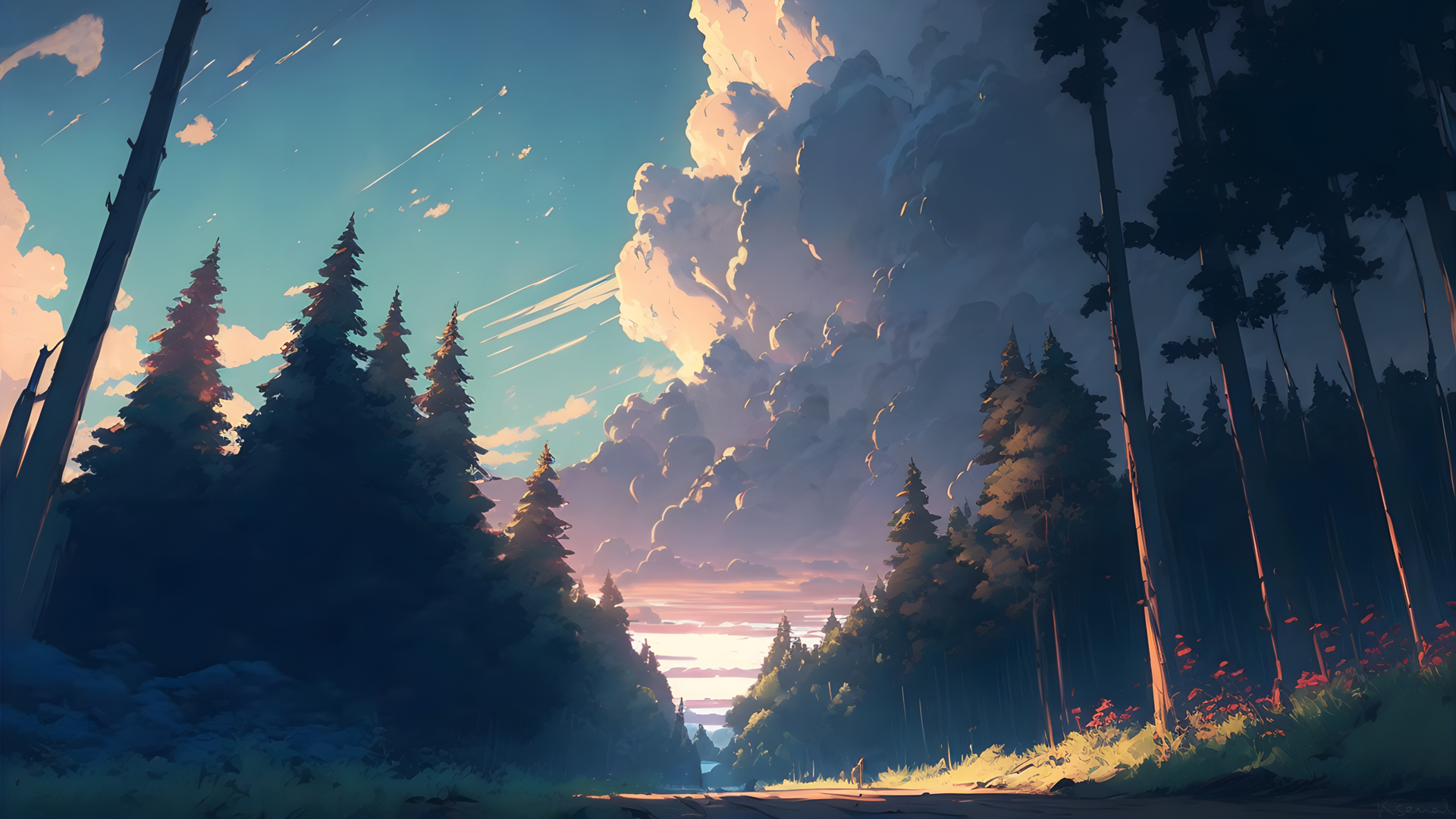 ['森林风景绘画 云朵树木手绘 桌面壁纸高清下载']