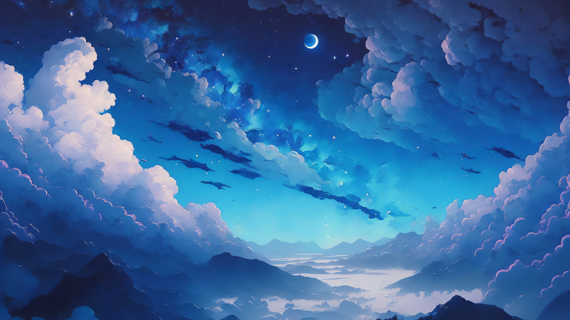 ['星空 月亮 山脉 云朵自然风景壁纸']