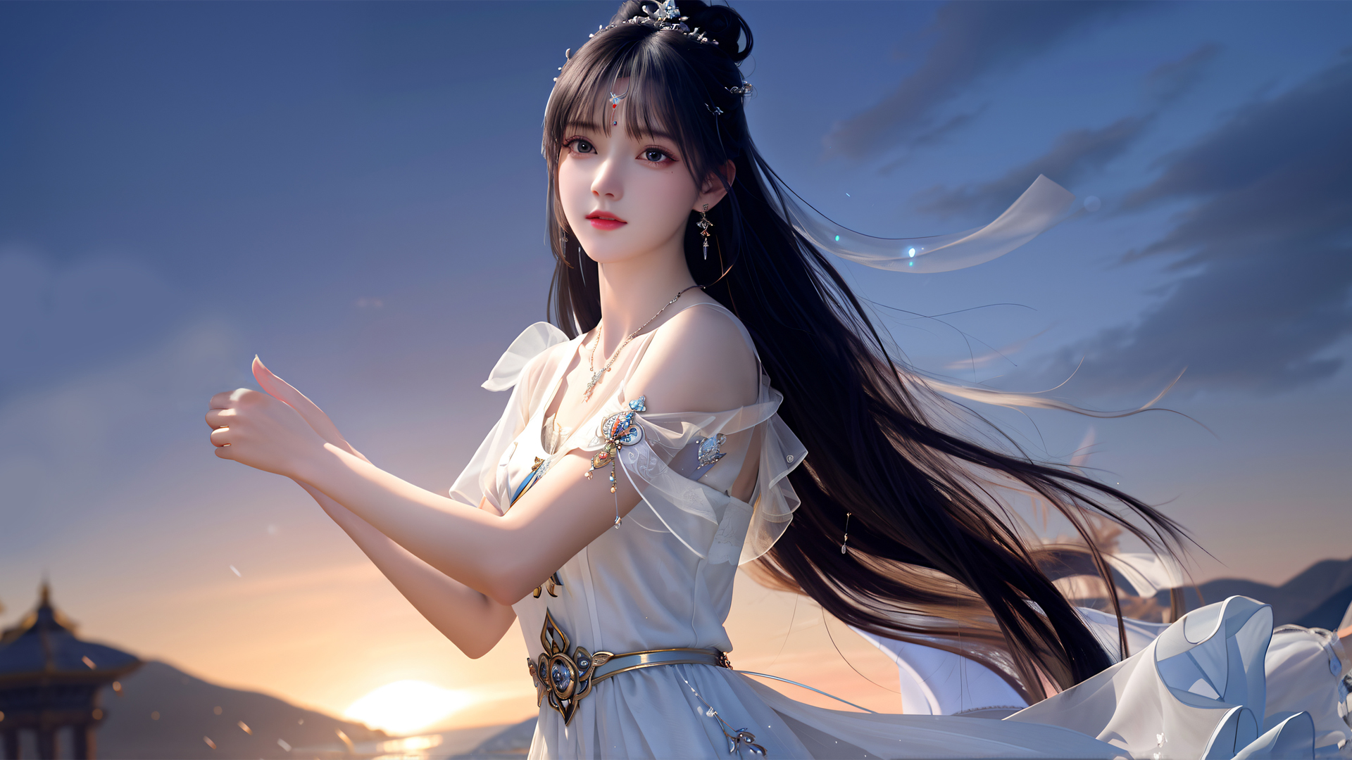 ['黑长发动漫美女 白色长裙古风 唯美4K高清壁纸']