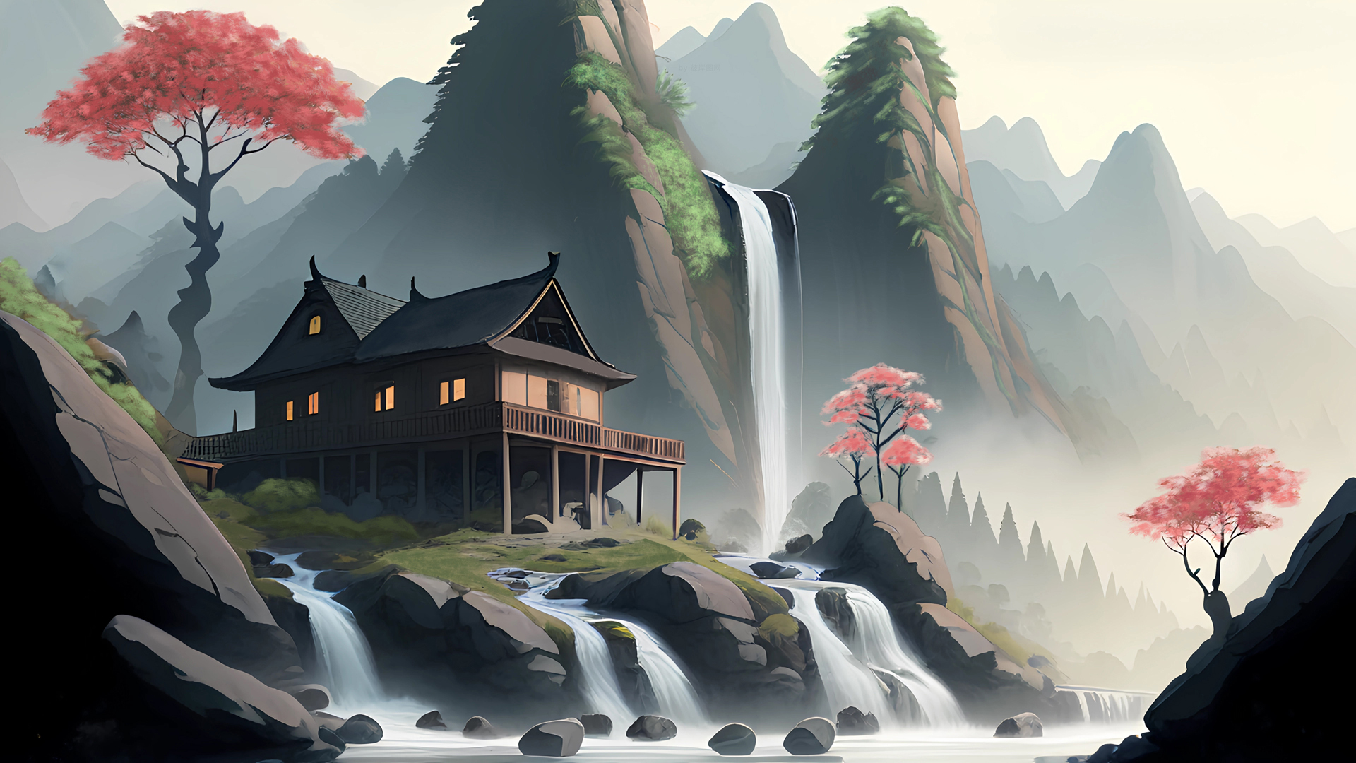 ['国画瀑布 高山流水 自然风景 高清桌面壁纸']
