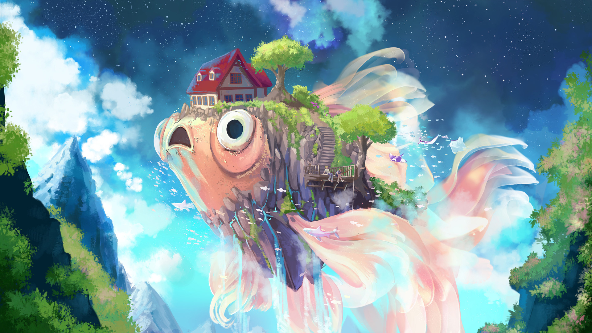 ['唯美梦幻天空鱼房子树风景高清壁纸']