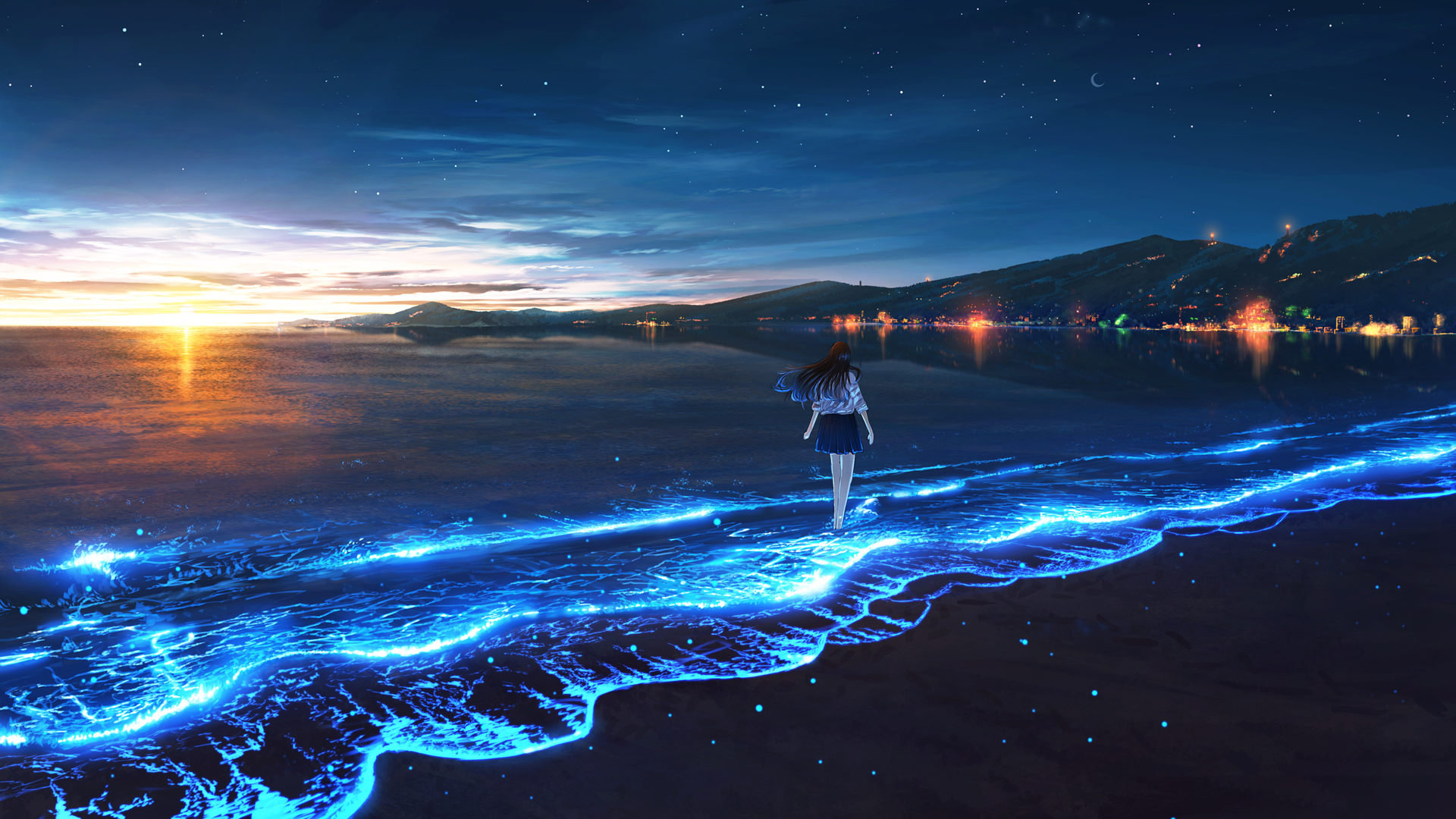 ['动漫少女 蓝色海边 夕阳风景 4K壁纸']