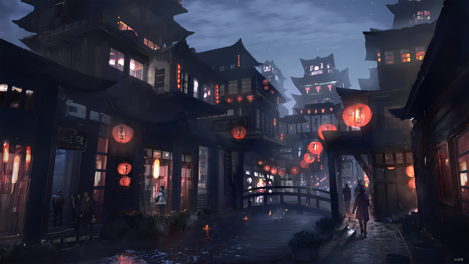 ['古风建筑 夜景 灯笼 黄金山城 客栈 动漫壁纸']