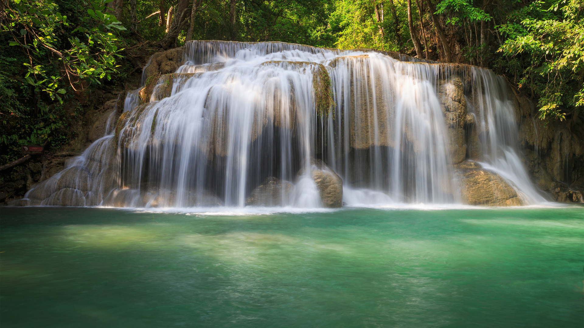 ['绿色森林 瀑布 自然风景 桌面壁纸 高清 2K 树木 水景']