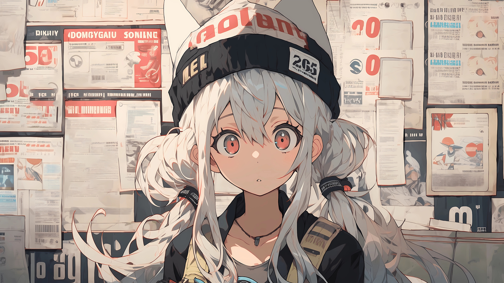 ['动漫壁纸 兽耳 可爱少女 帽子 报纸墙']