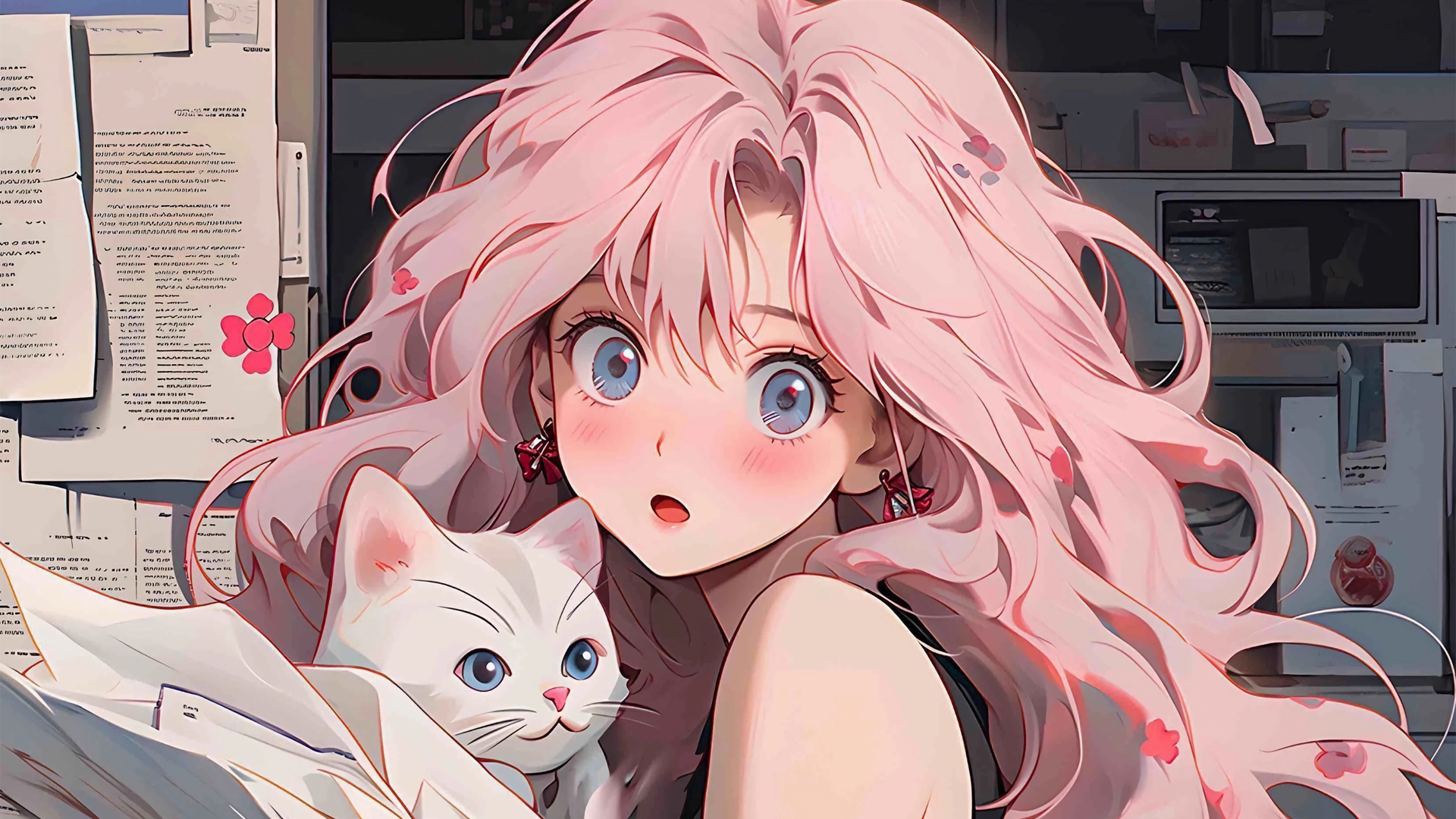 ['报纸墙 可爱粉色长发少女 猫 高清动漫风桌面壁纸']