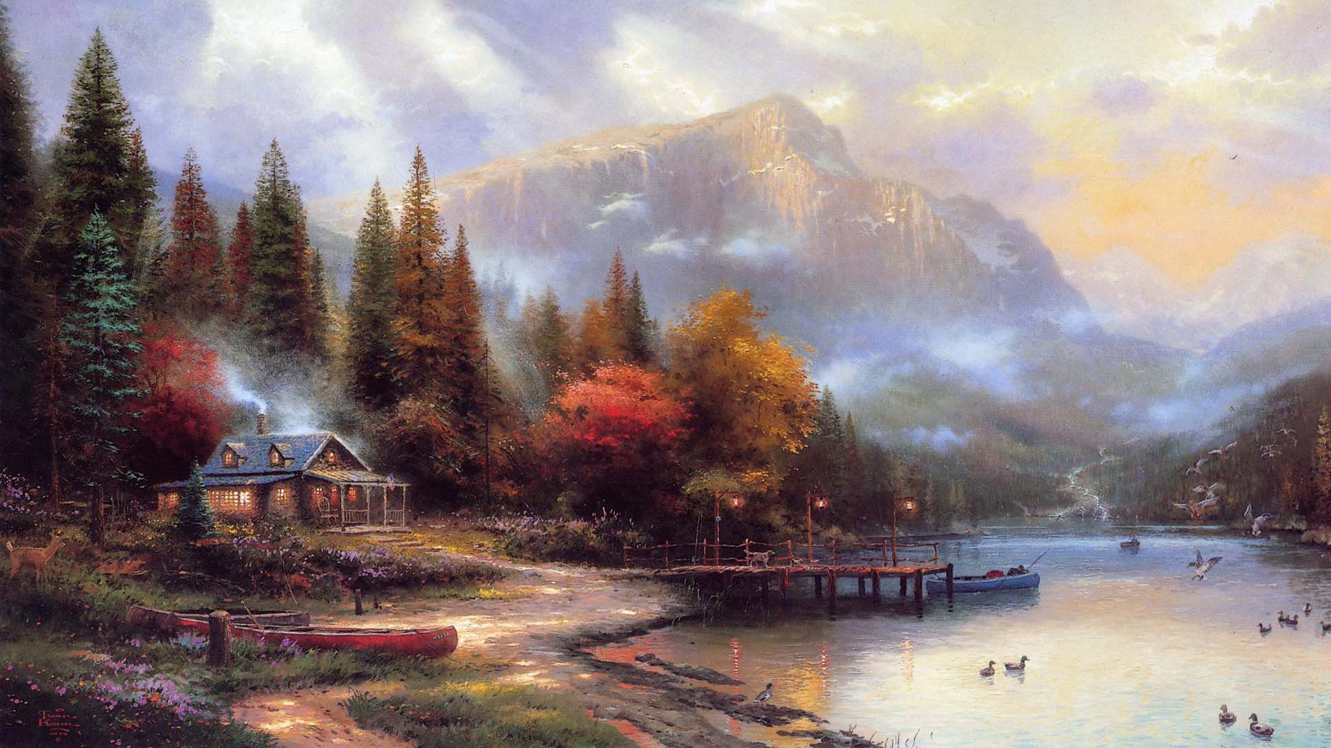 ['秋天 房屋 河流 山脉 托马斯金凯德风景画 壁纸']