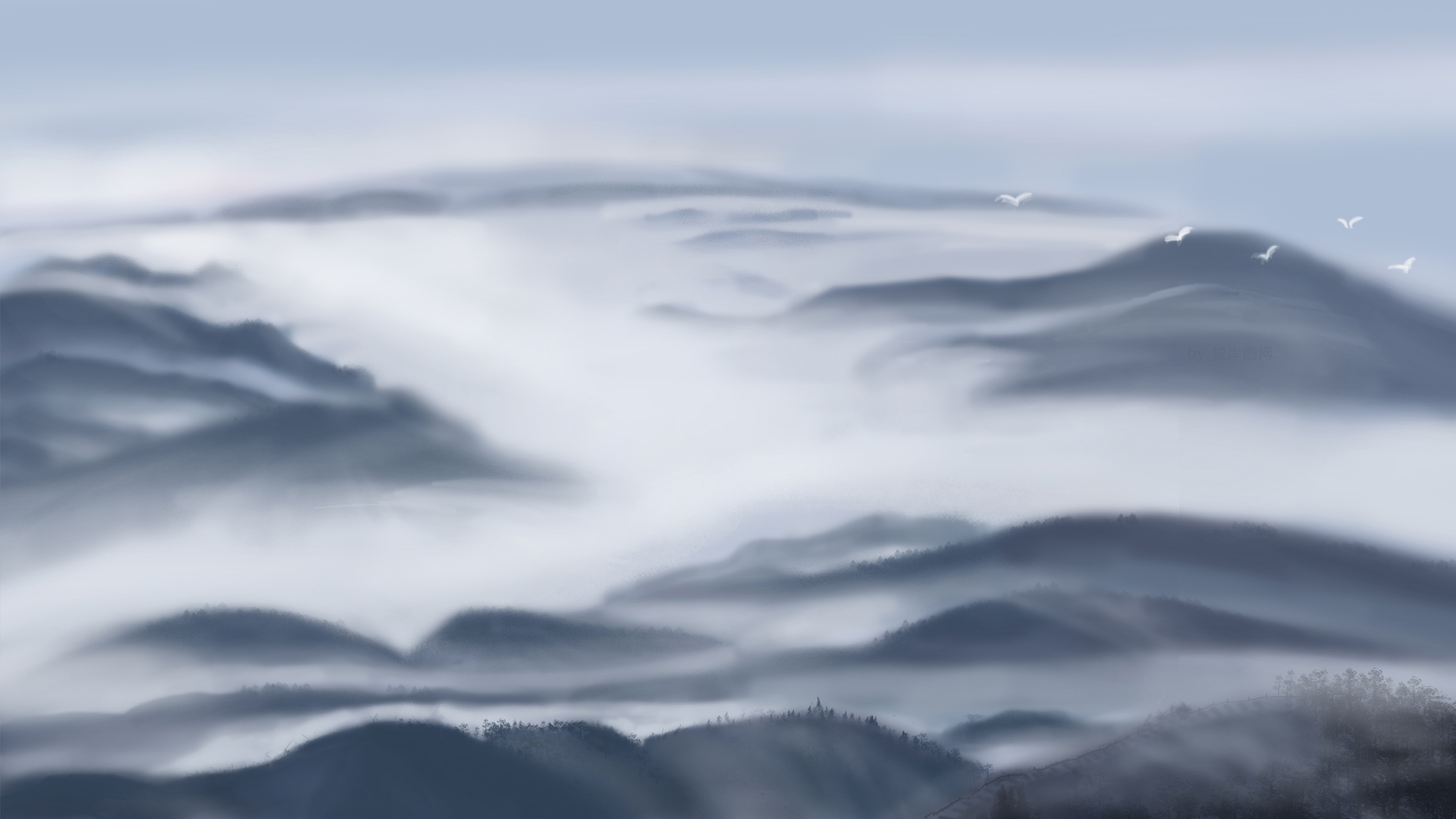 ['高清水墨壁纸 山水画 自然景观 仙境云景']