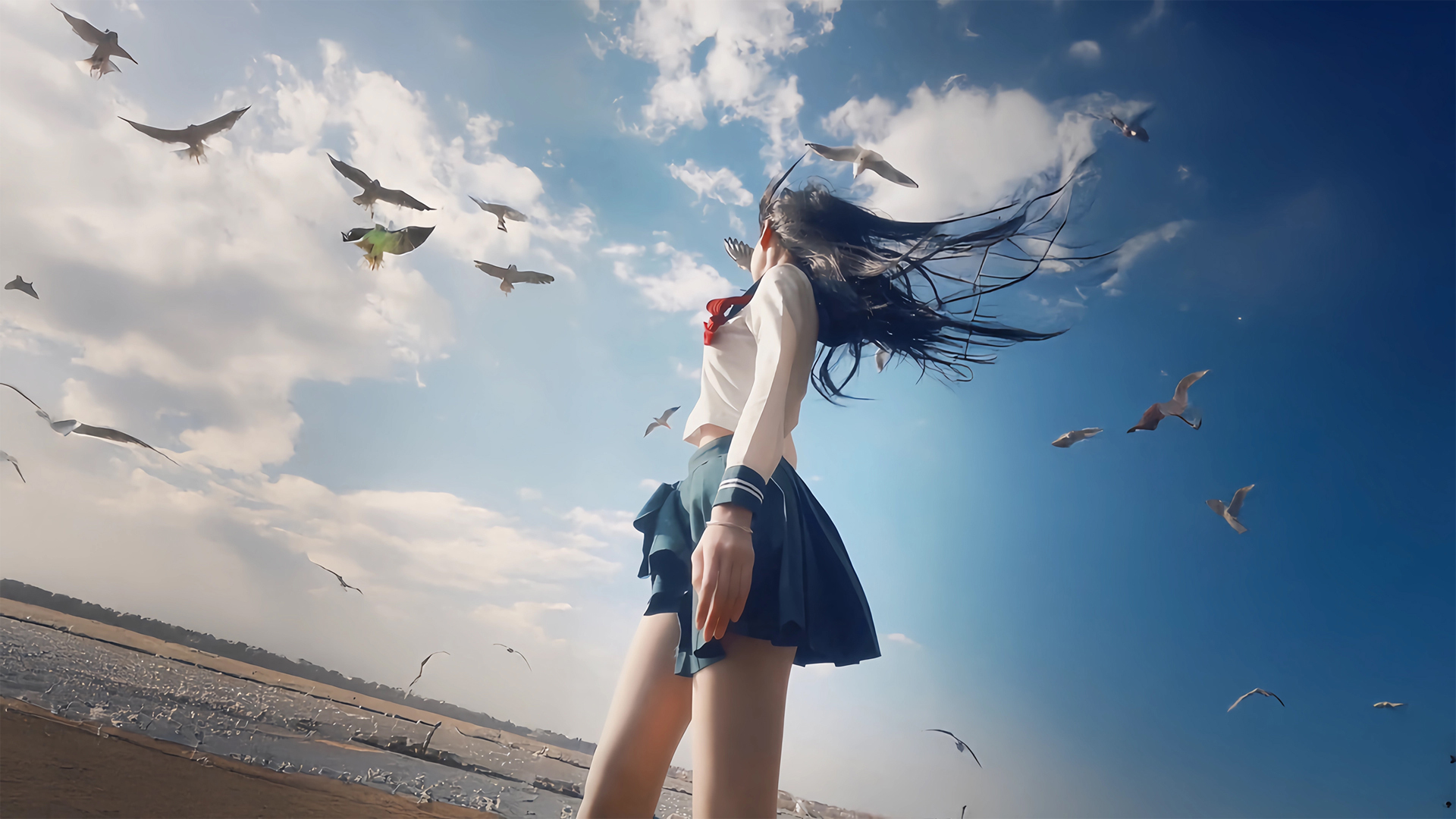 ['海边女生 海鸥 蓝色天空 动漫桌面壁纸 唯美插画']