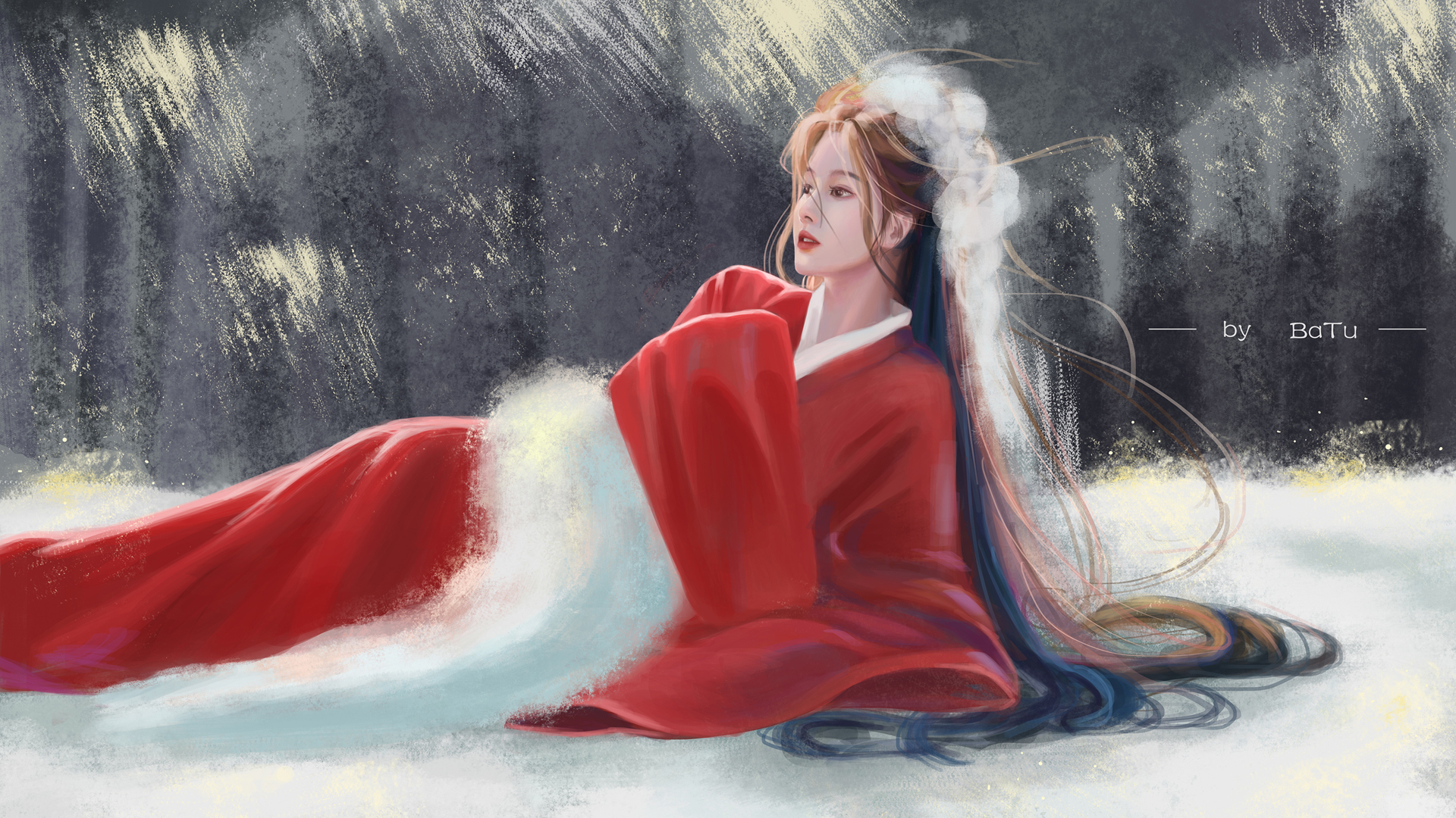 ['红色古装女子 古风雪地 高清壁纸 巴图BaTu森林唯美']