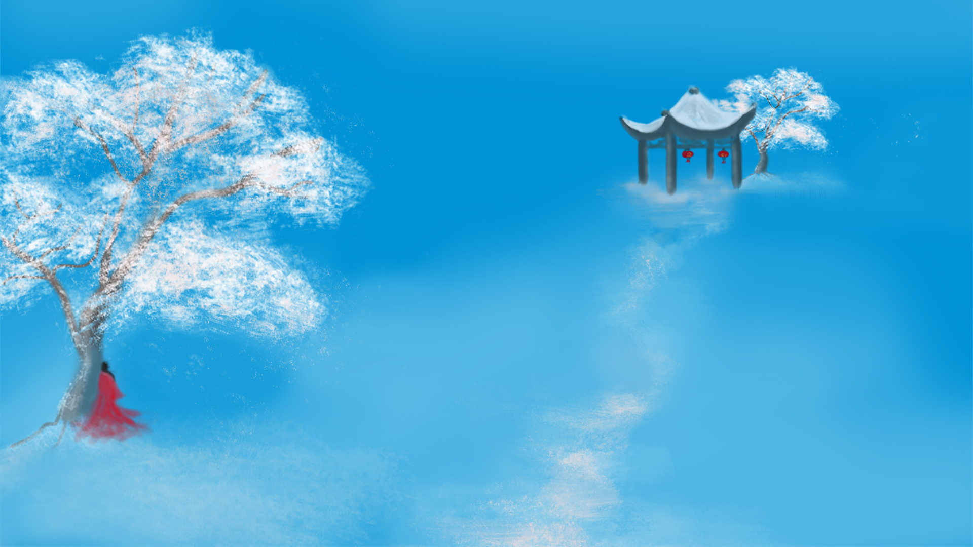 ['国风 红衣女子 雪景 新年 亭子 古树 风景壁纸']