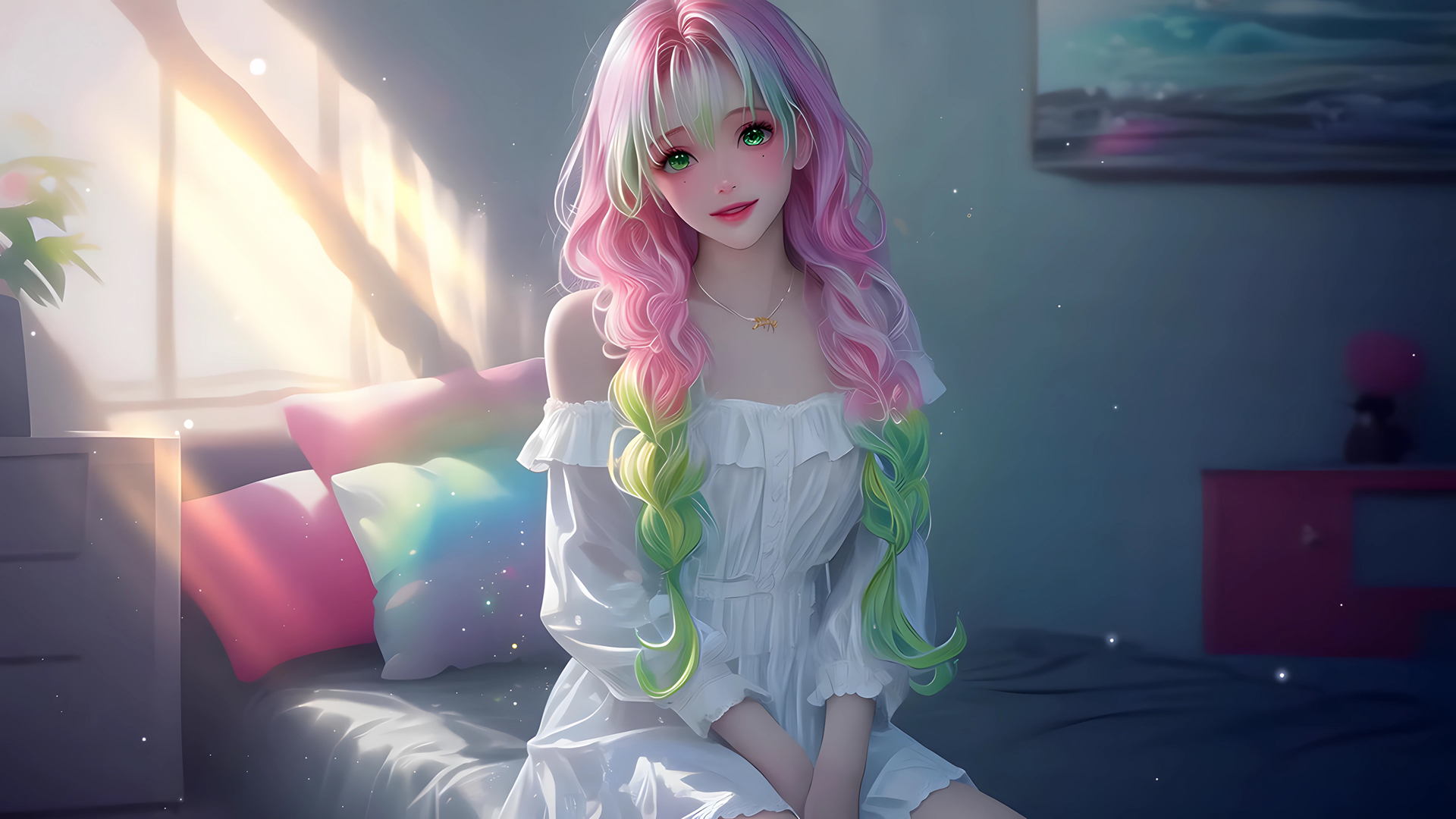 ['彩虹少女 白色连衣裙 治愈系动漫壁纸 阳光 床上场景']