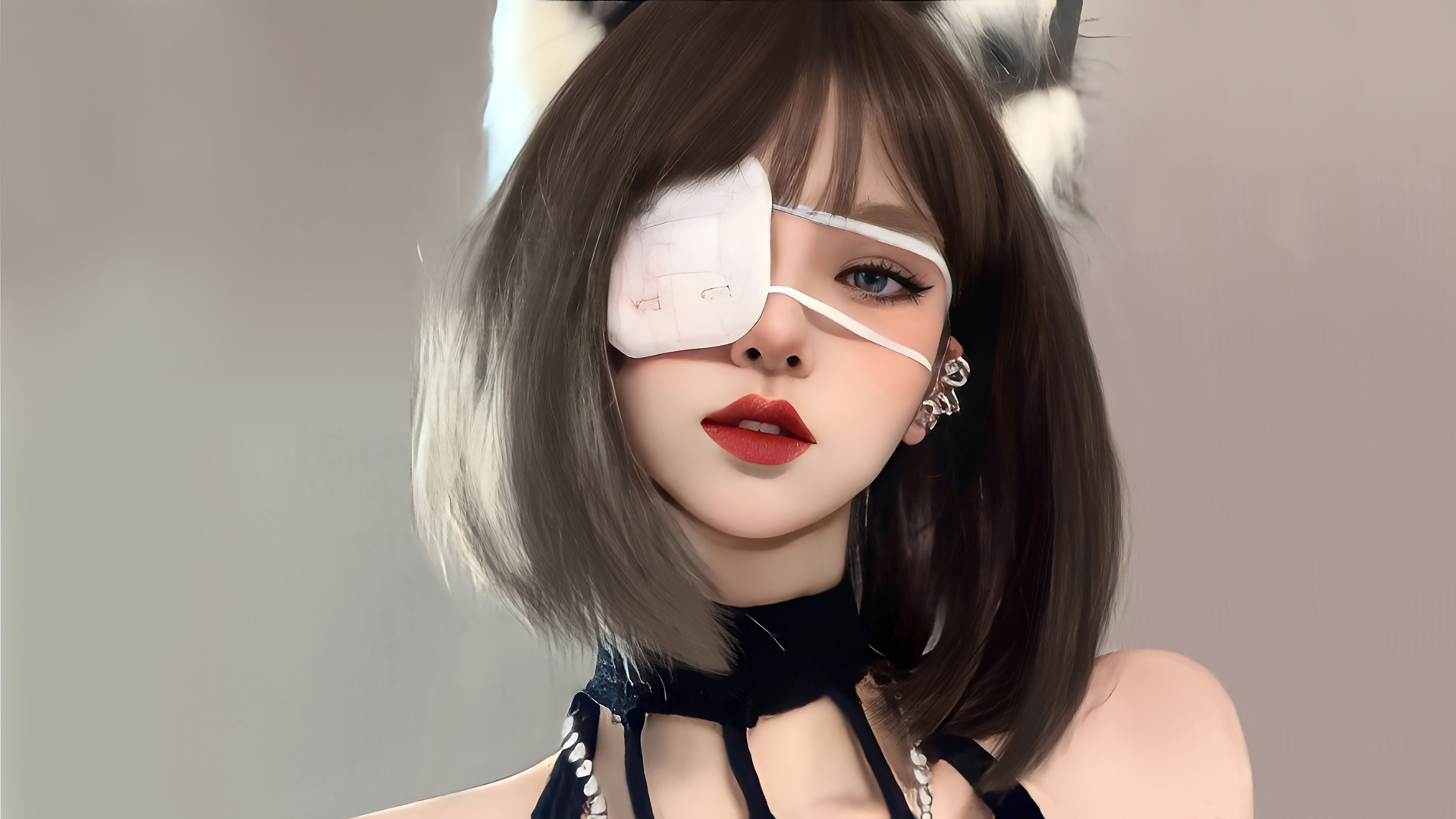 ['兽耳 波波头短发 眼罩 女性 壁纸']
