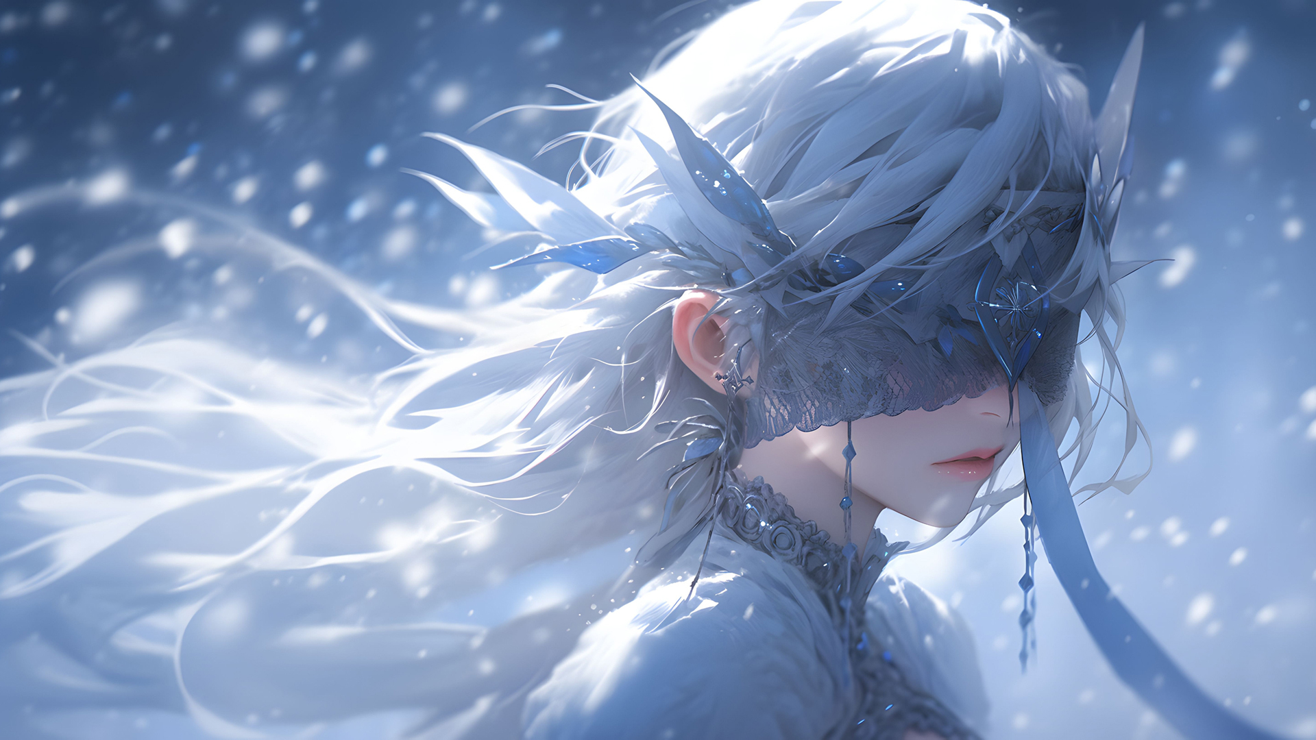['蒙眼少女 雪花飘雪 高清动漫壁纸']