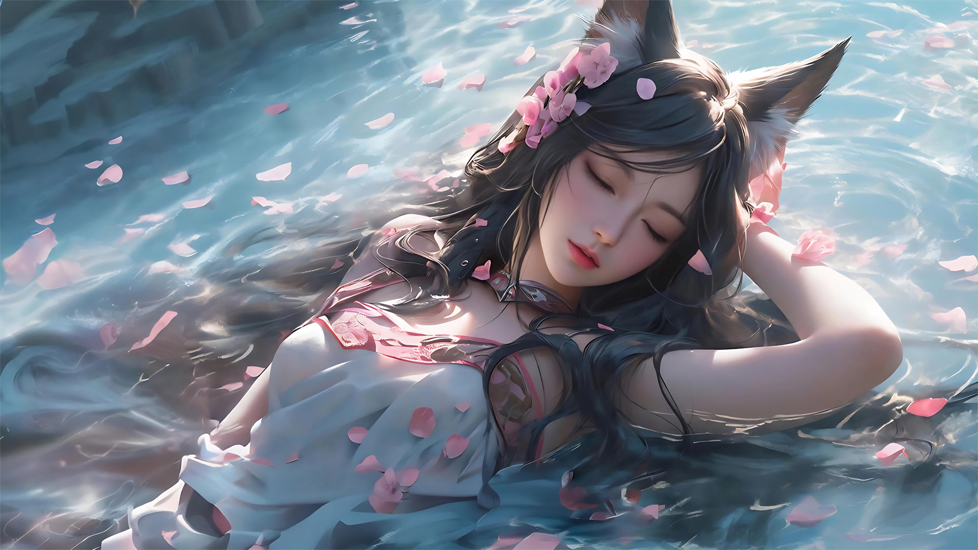 ['阿狸 兽耳 唯美闭眼 粉色花瓣 水中 动漫壁纸']