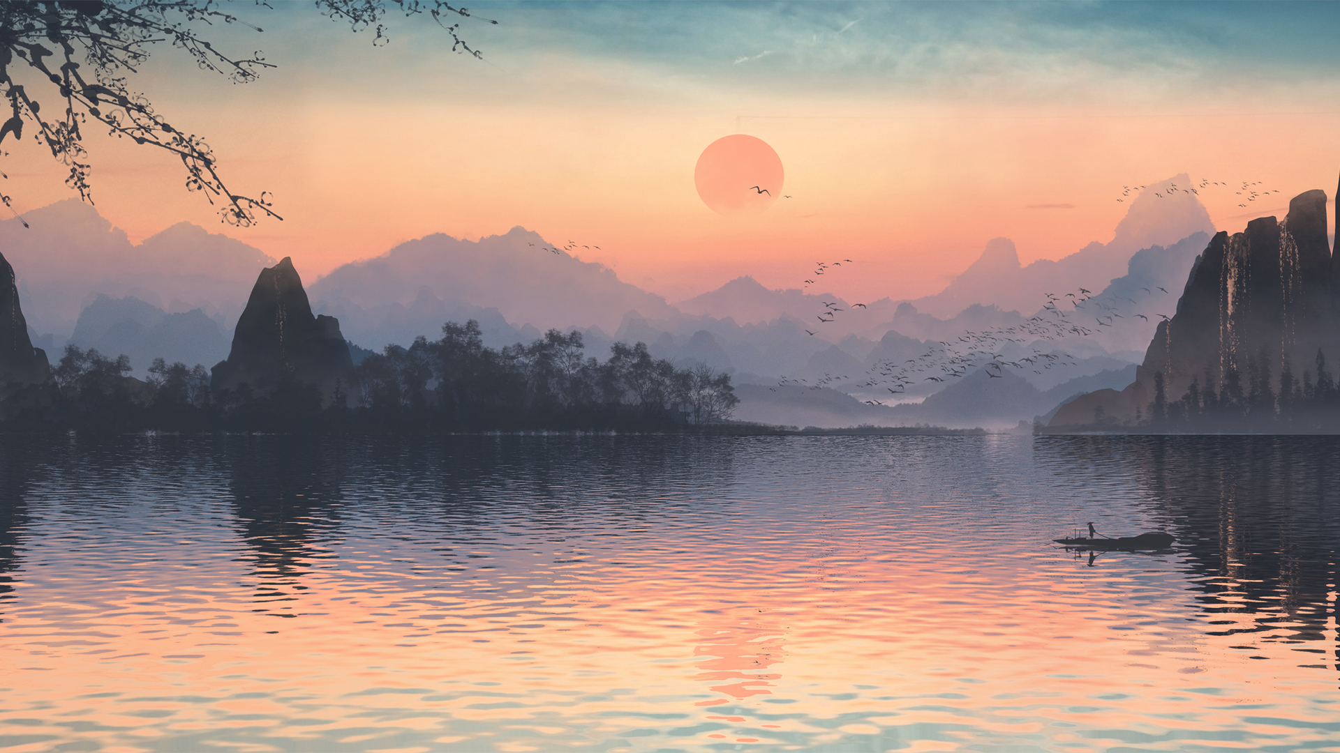 ['手绘山水画 日落湖景 渔船水波 风景壁纸']
