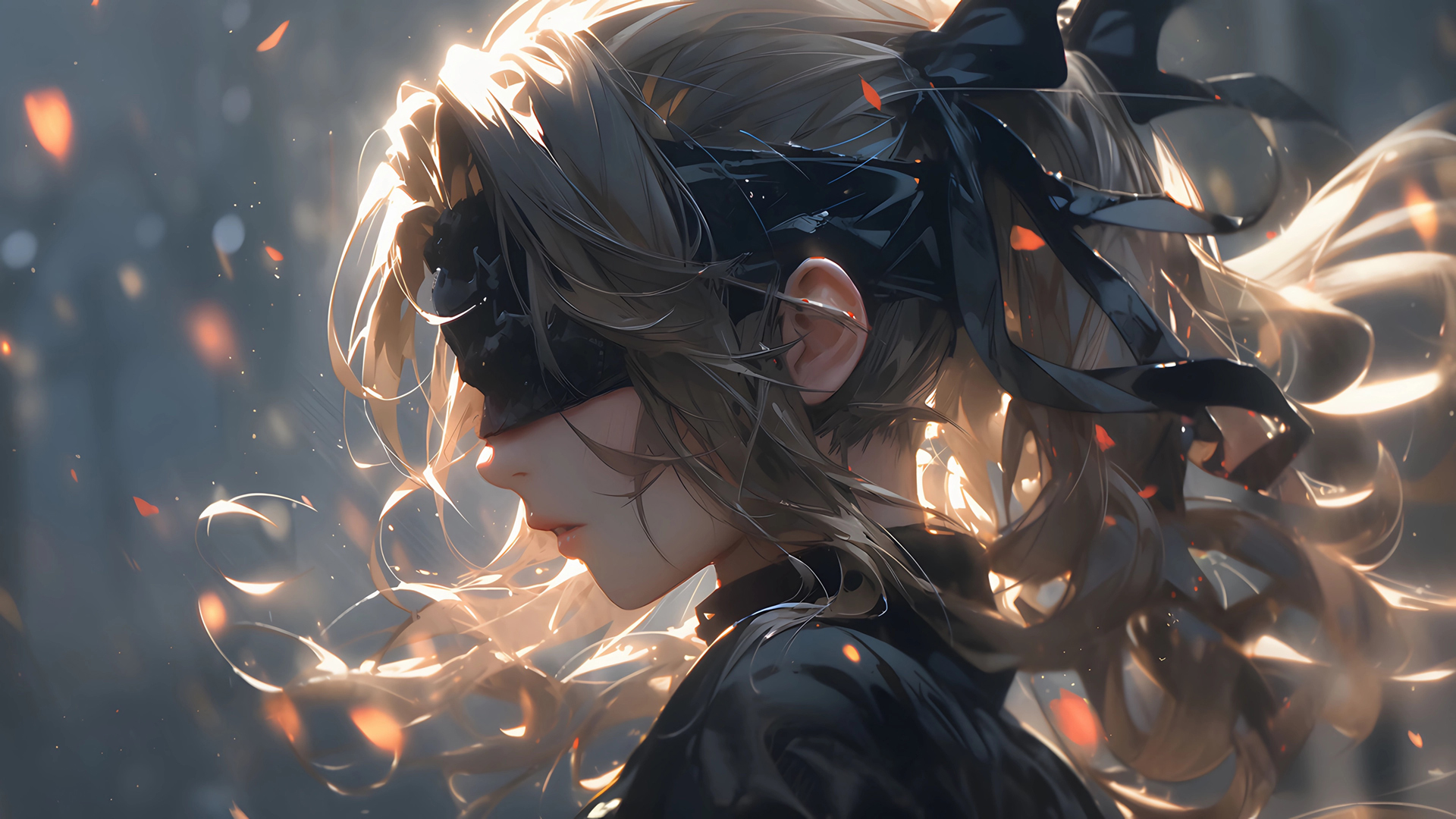 ['蒙眼少女 侧颜 黑色装扮 高清动漫壁纸']