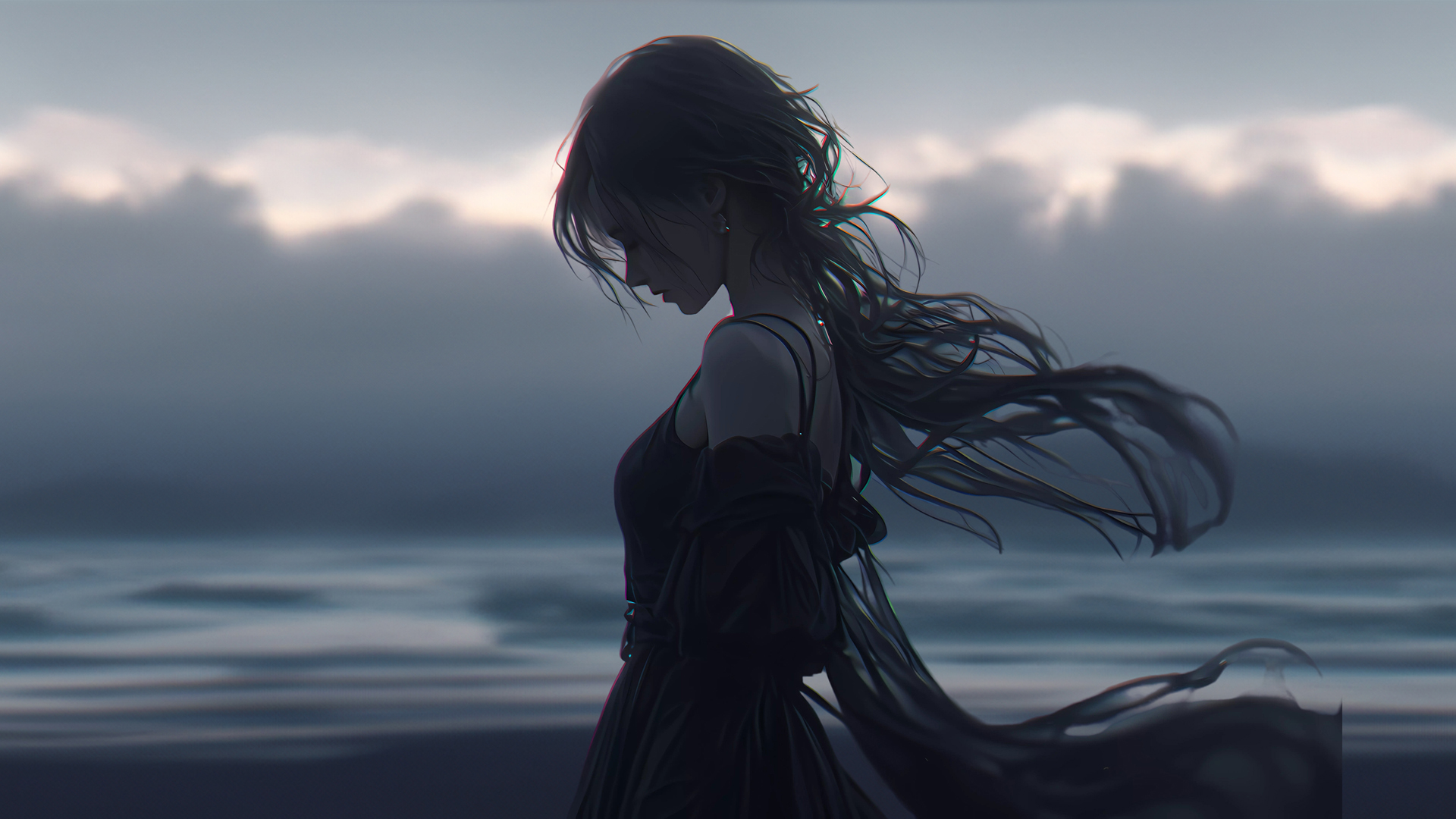 ['暗色系 长发 女孩 黑色裙子 4K壁纸 桌面背景']