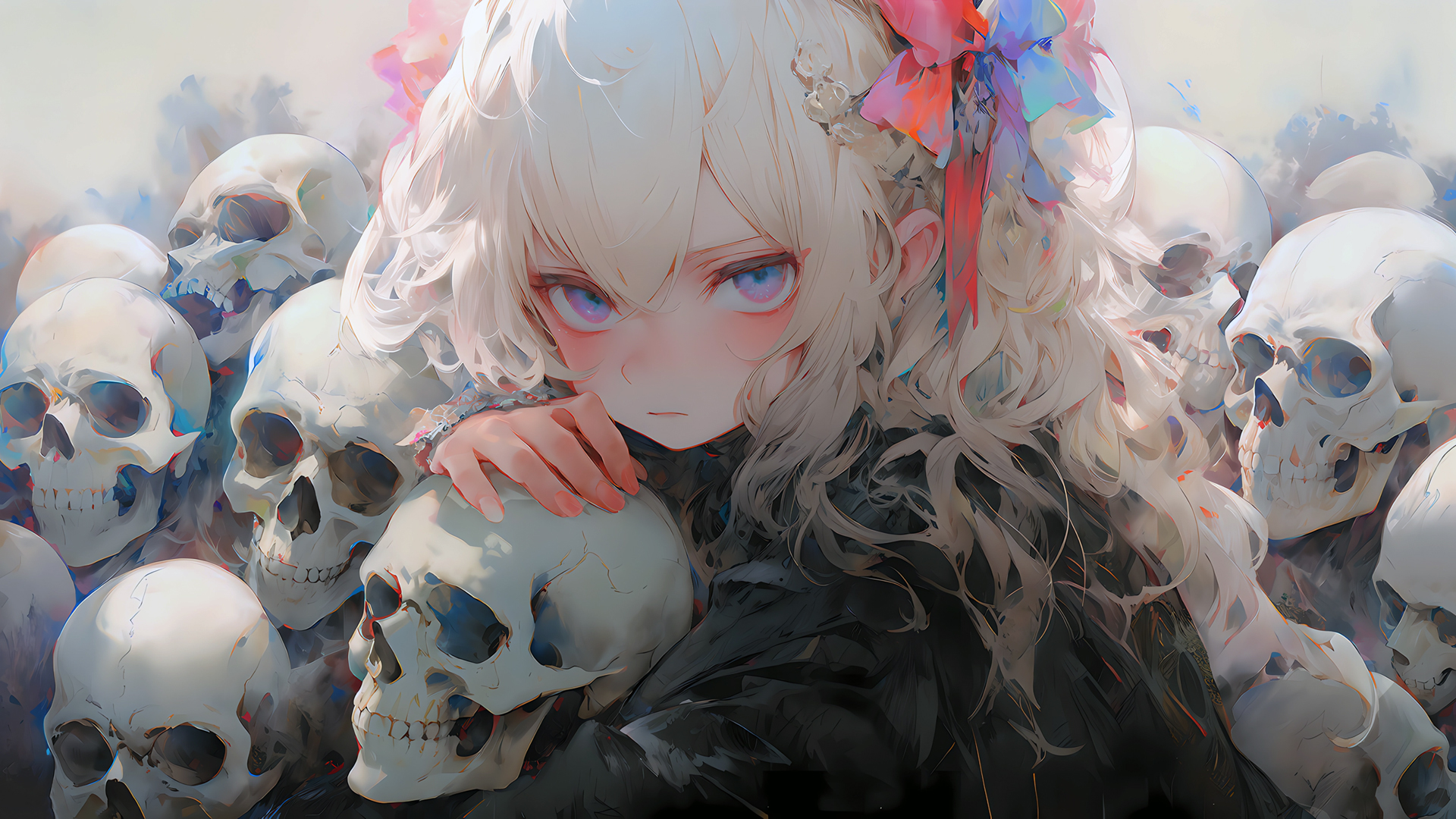 ['骷髅女孩 动漫壁纸高清 桌面背景插画']