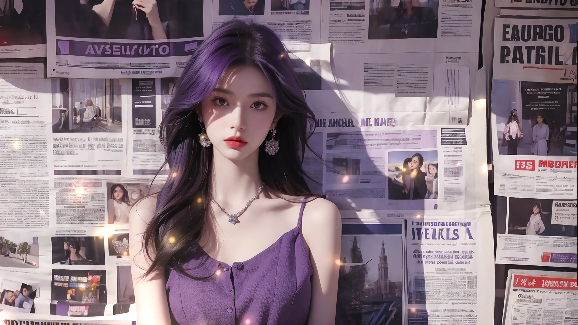['报纸墙 紫色长发 动漫美女 2560x1600 壁纸']