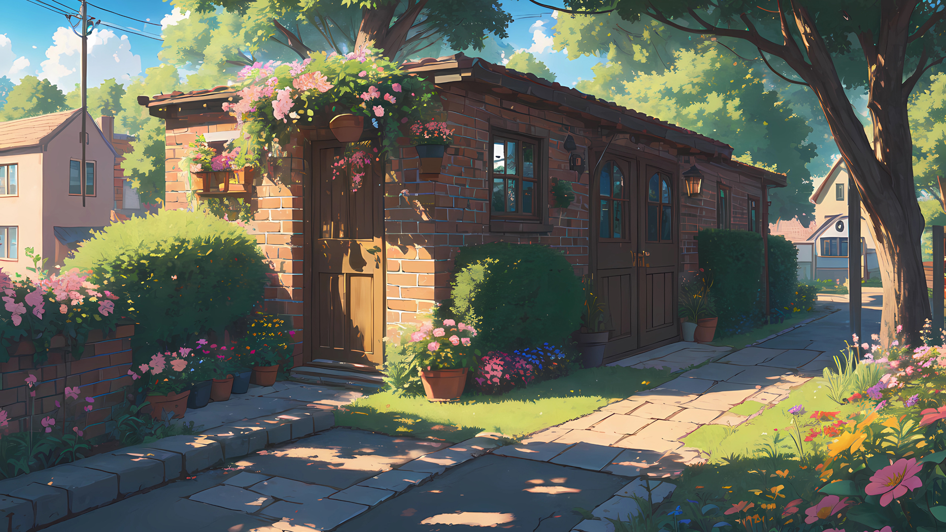 ['鲜花 商店 房子 树木 精美绘画风景桌面壁纸']