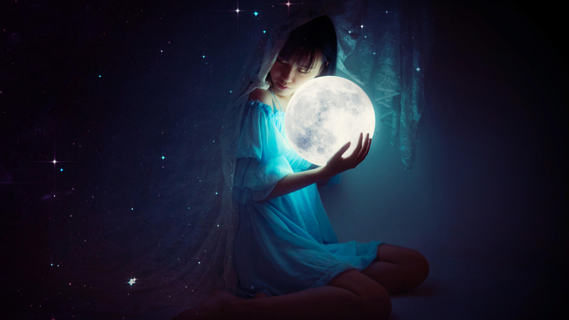 ['清纯少女 梦幻星空 唯美意境 插画壁纸']