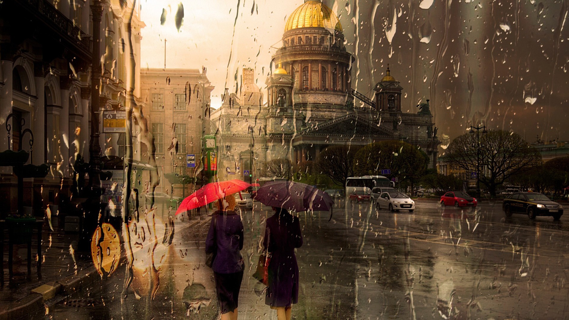 ['雨中女人背影 城市建筑 雨景唯美意境 高清壁纸']