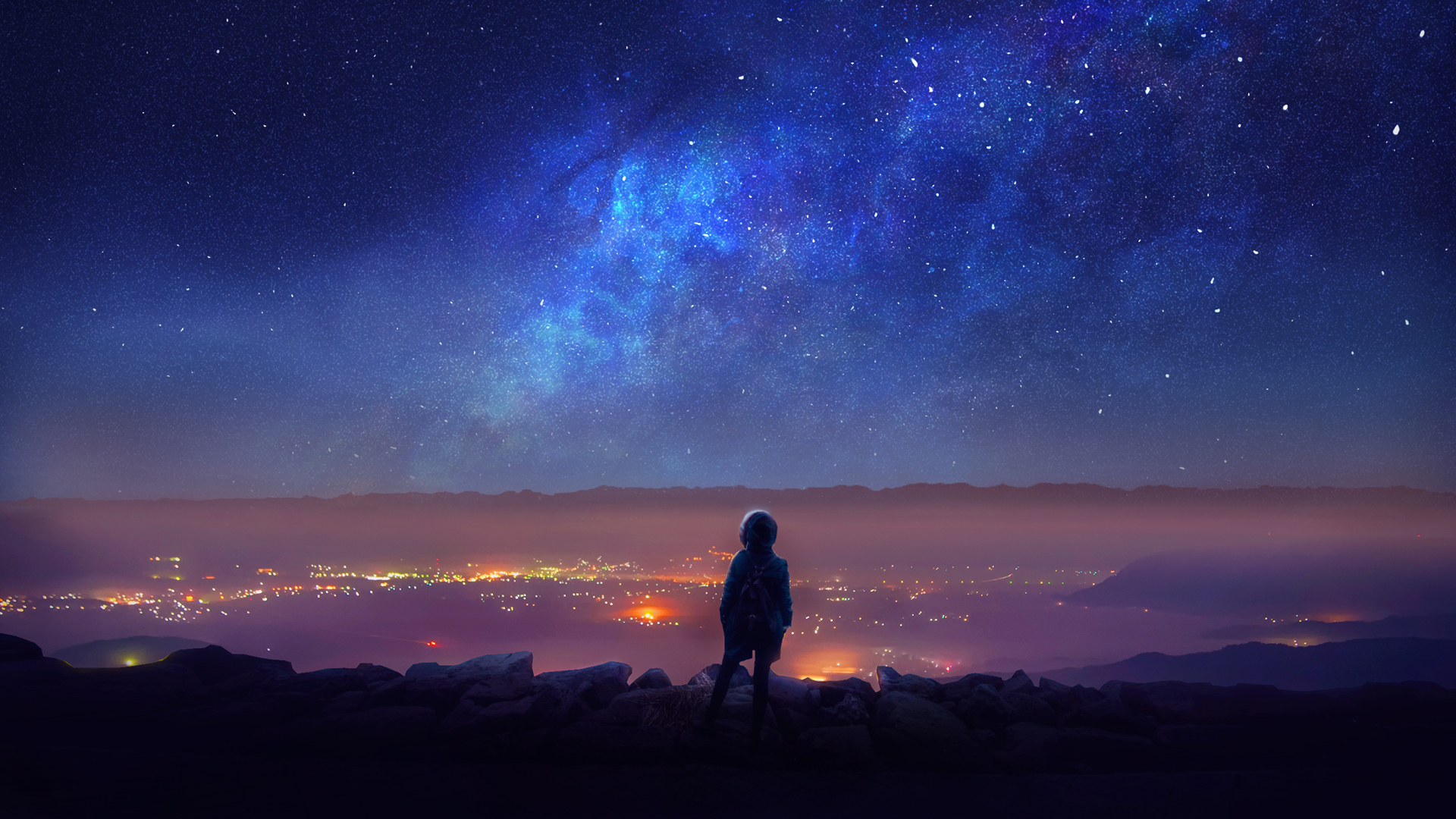 ['星空 女孩 仰望 唯美夜景 壁纸']