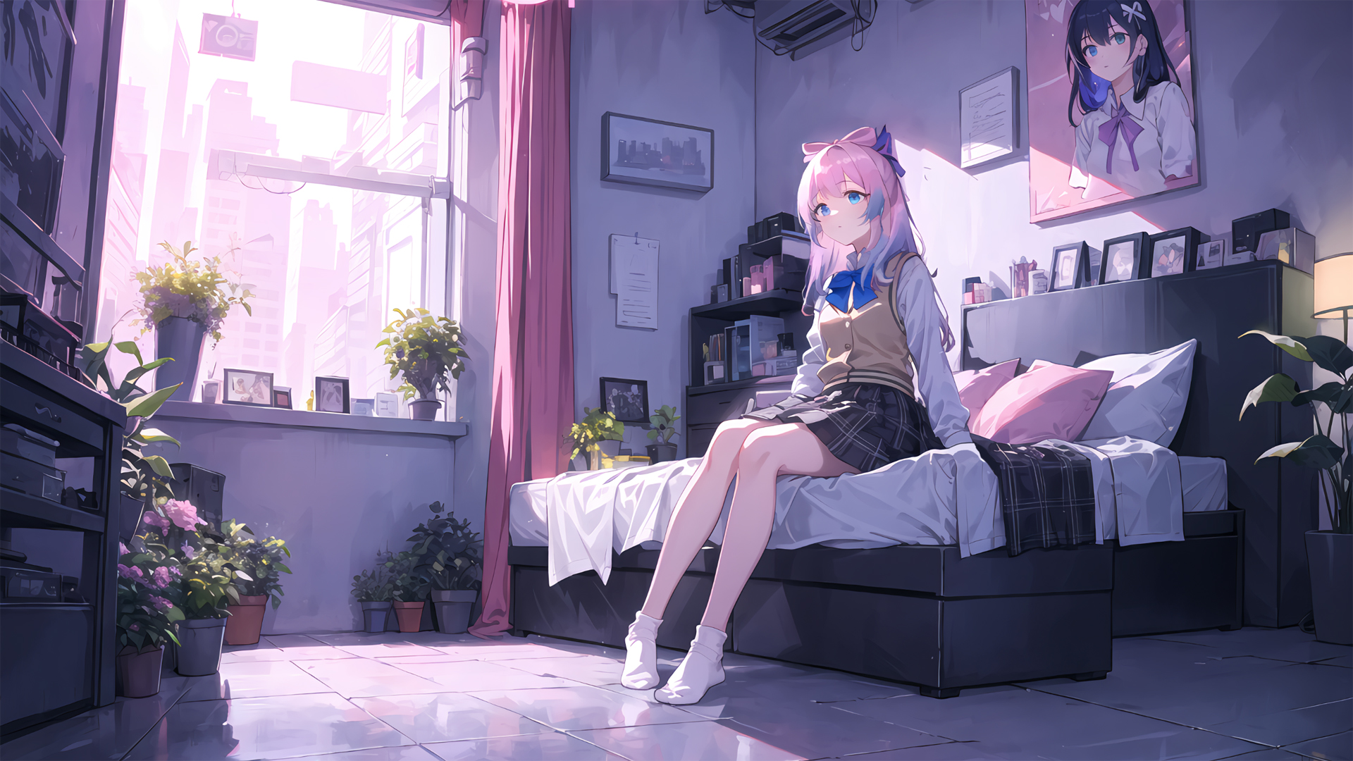 ['动漫壁纸 少女 蓝色眼睛 连衣裙 室内绿植 夏日元素']