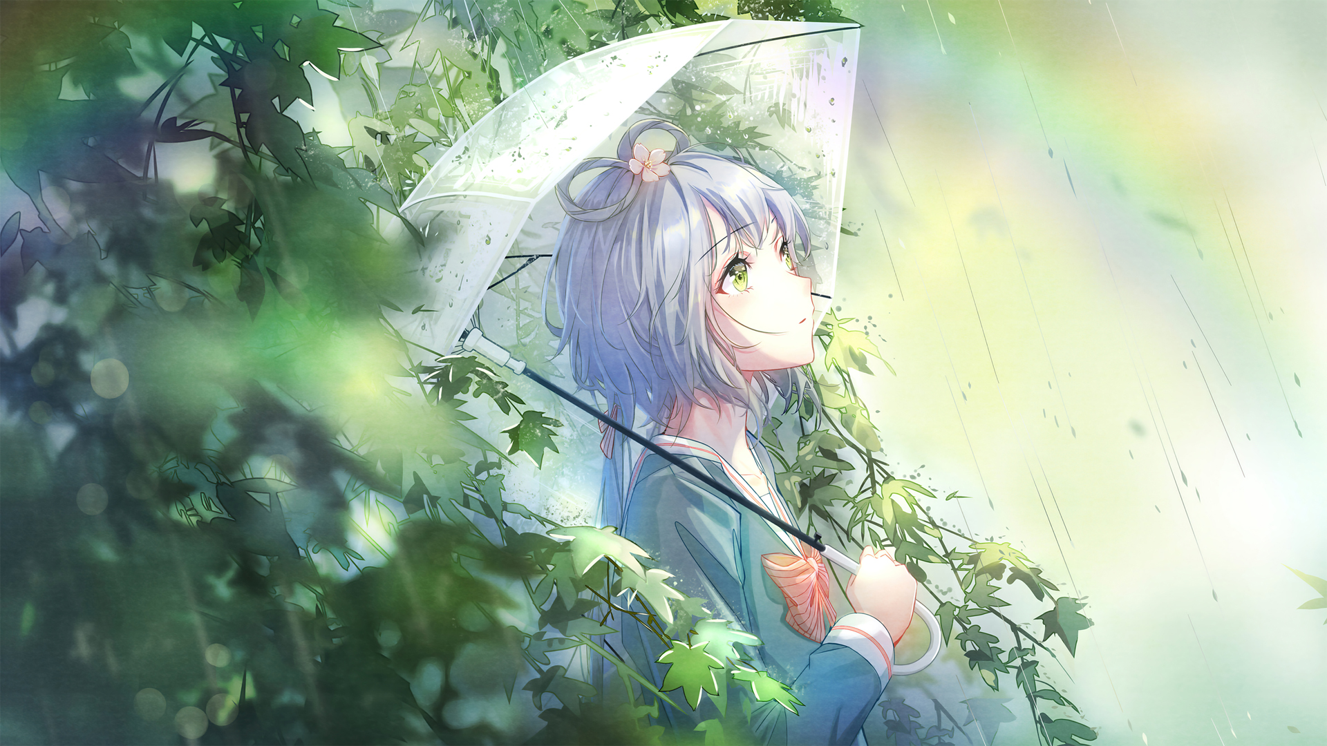 ['雨天女孩 撑伞 树林 树叶 动漫壁纸']