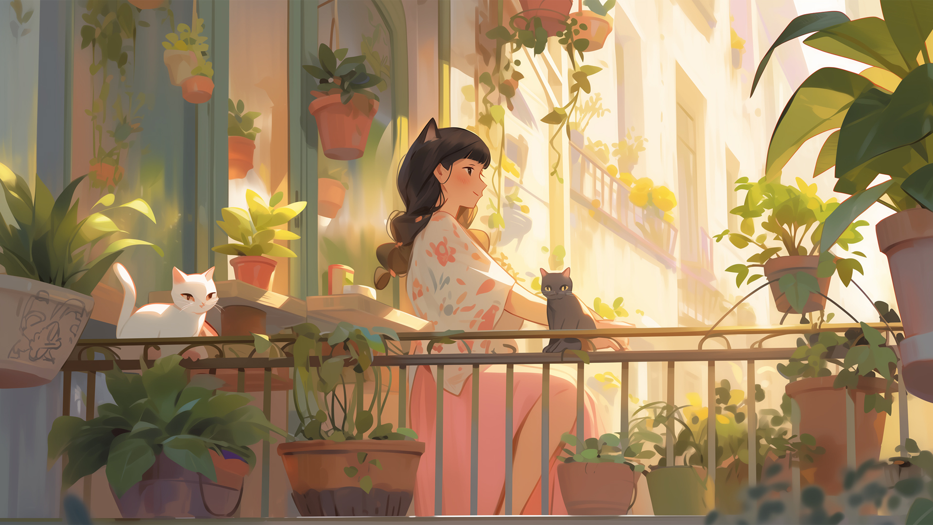 ['动漫壁纸 温馨少女与猫在绿色盆栽栏杆旁高清插画']
