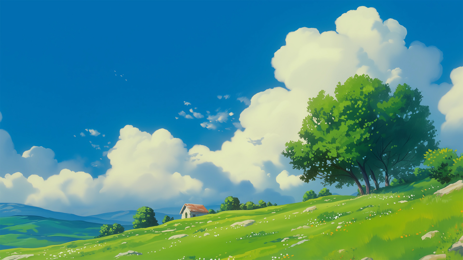 ['蓝天白云 绿色草地 山景 树影 房屋 鲜花盛开 夏日自然风光 高清壁纸']