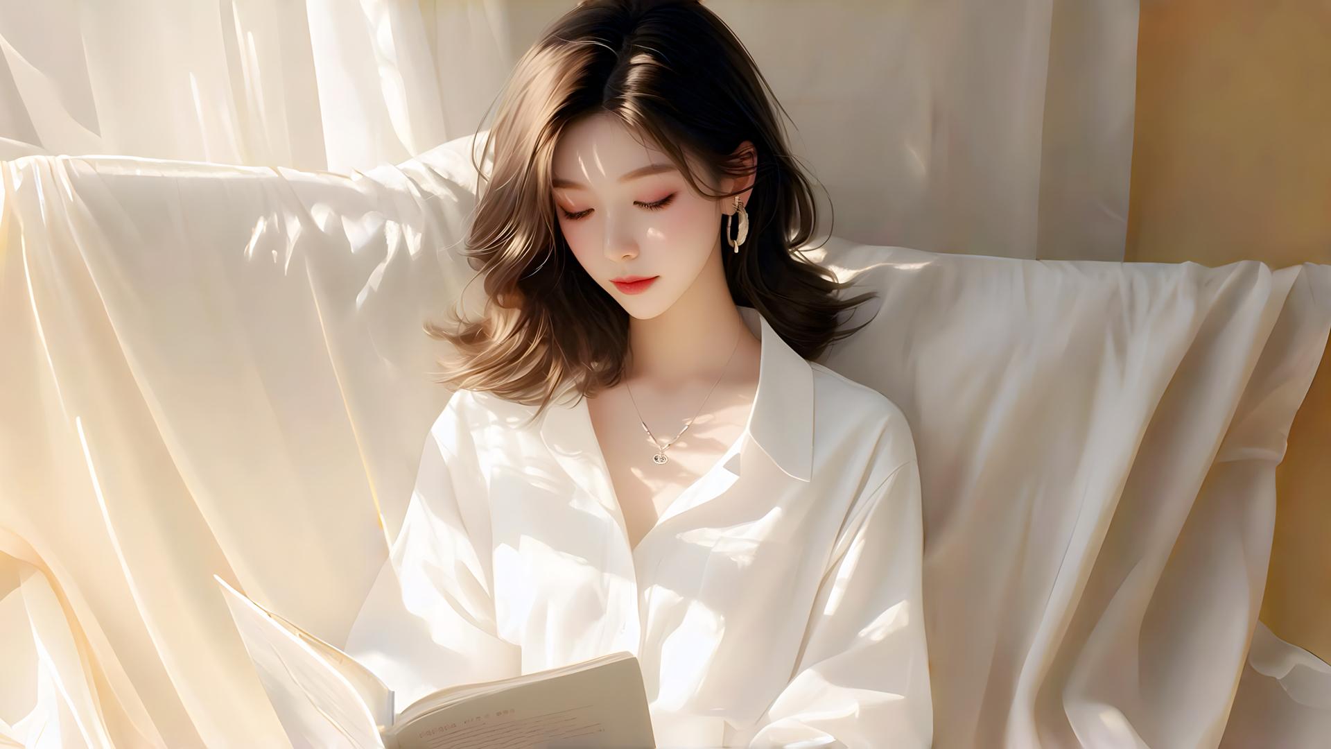 ['白色衬衫 看书美女 高清动漫桌面壁纸']