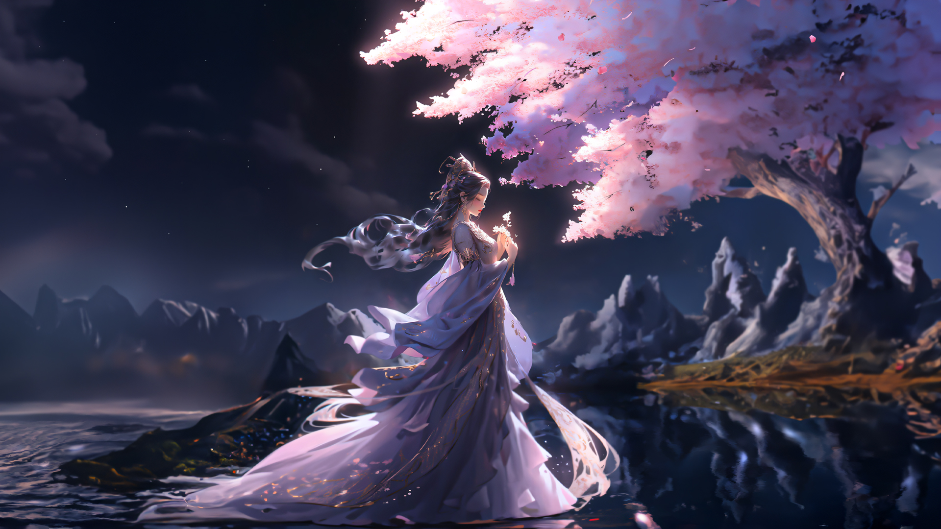['夜晚 唯美 树下 古风女子 动漫壁纸']