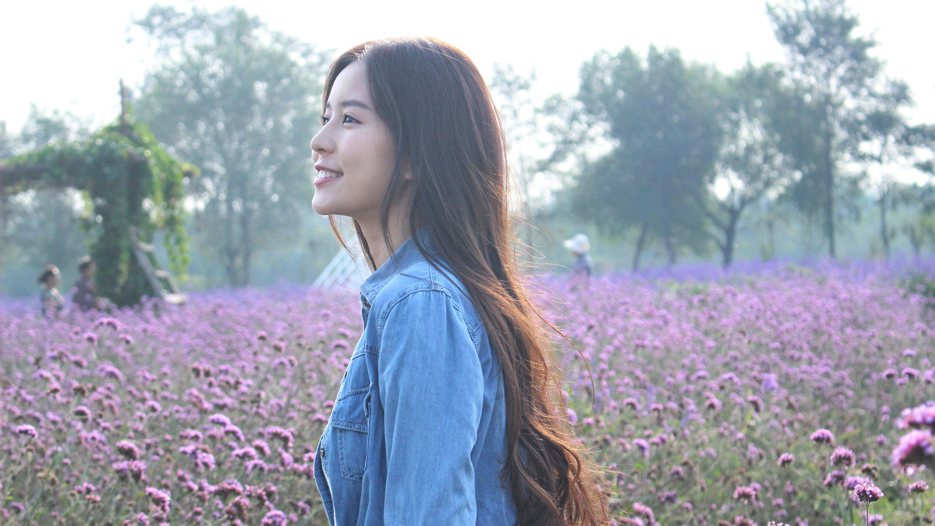 ['美女 微笑 紫色薰衣草 花海 高清壁纸']