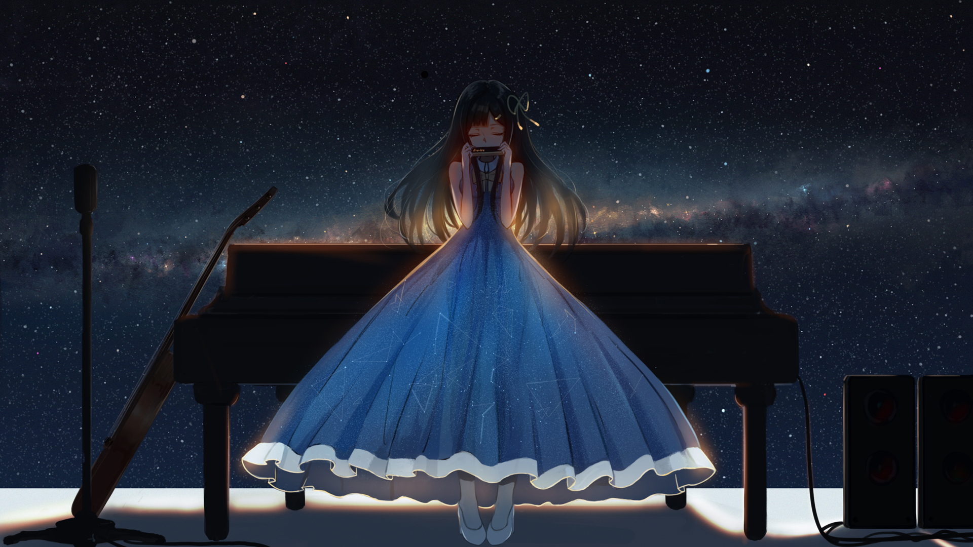 ['星空动漫女孩 口琴宇宙 壁纸 二次元唯美']