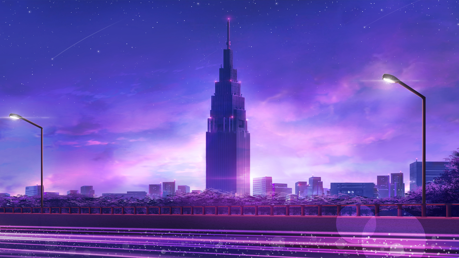 ['动漫壁纸 城市 高楼 夜景 路灯 公路 天空 星星 流星']