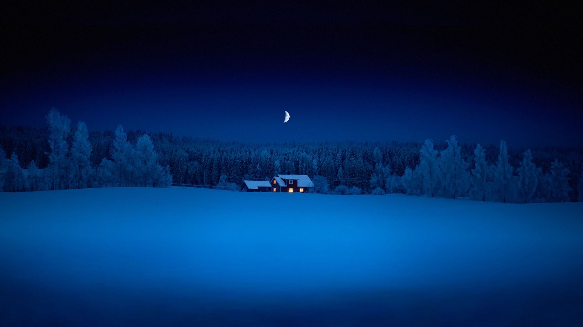 ['雪夜森林 月亮 房屋 冬季风景壁纸']