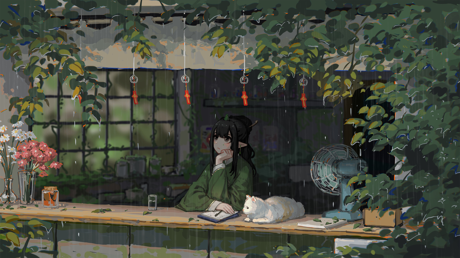 ['宁静小院 动漫兽耳猫女孩 电脑壁纸']