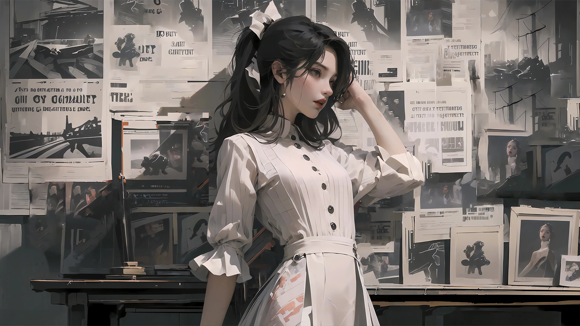 ['报纸墙少女 黑白风格 裙子 动漫桌面壁纸']