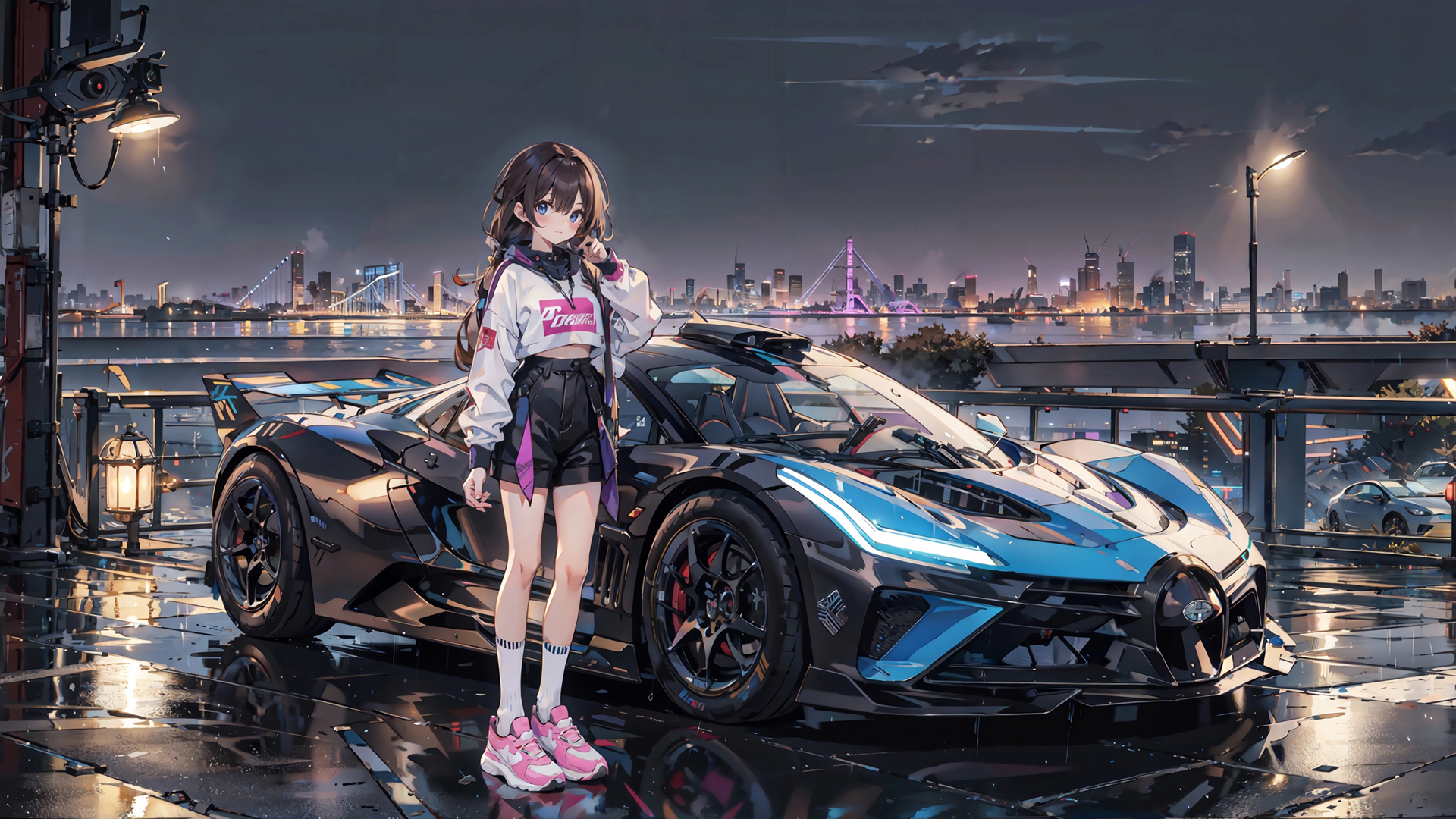 ['动漫女孩 跑车 城市夜景 桌面壁纸']