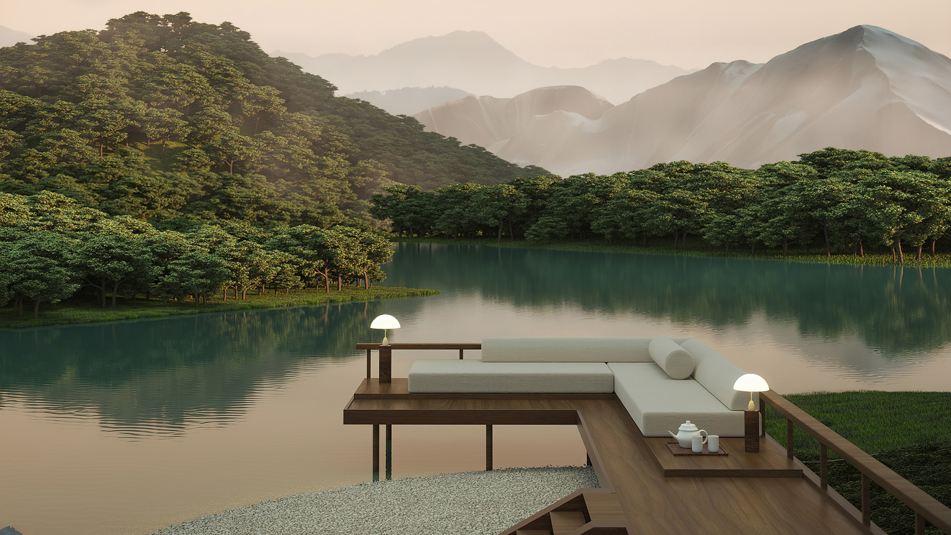 ['湖畔山水风景 4K高清壁纸 白天自然美景 休闲风光']