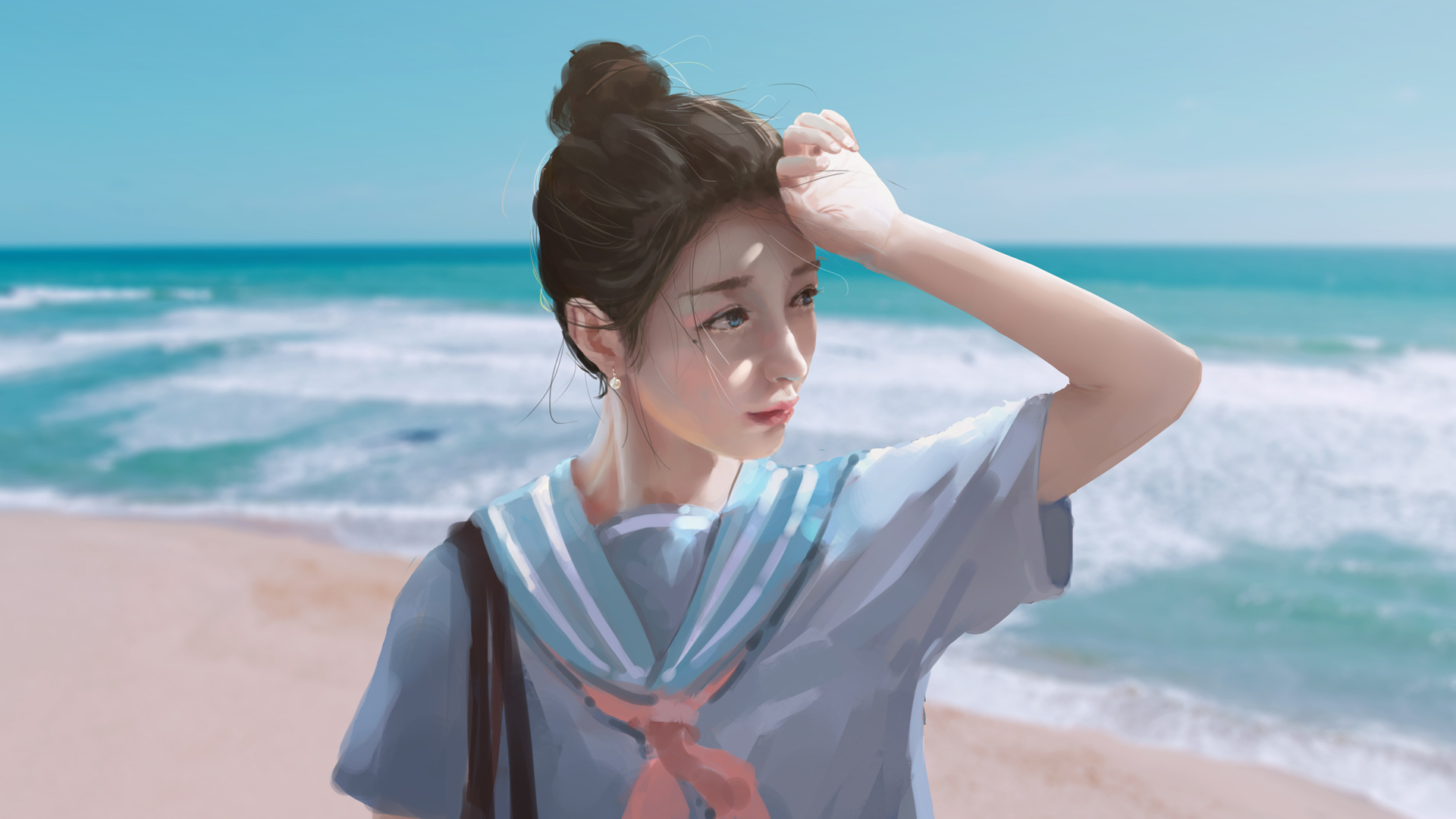 ['动漫海边女生壁纸 治愈系泳装美女头像 沙滩风景4K电脑壁纸']